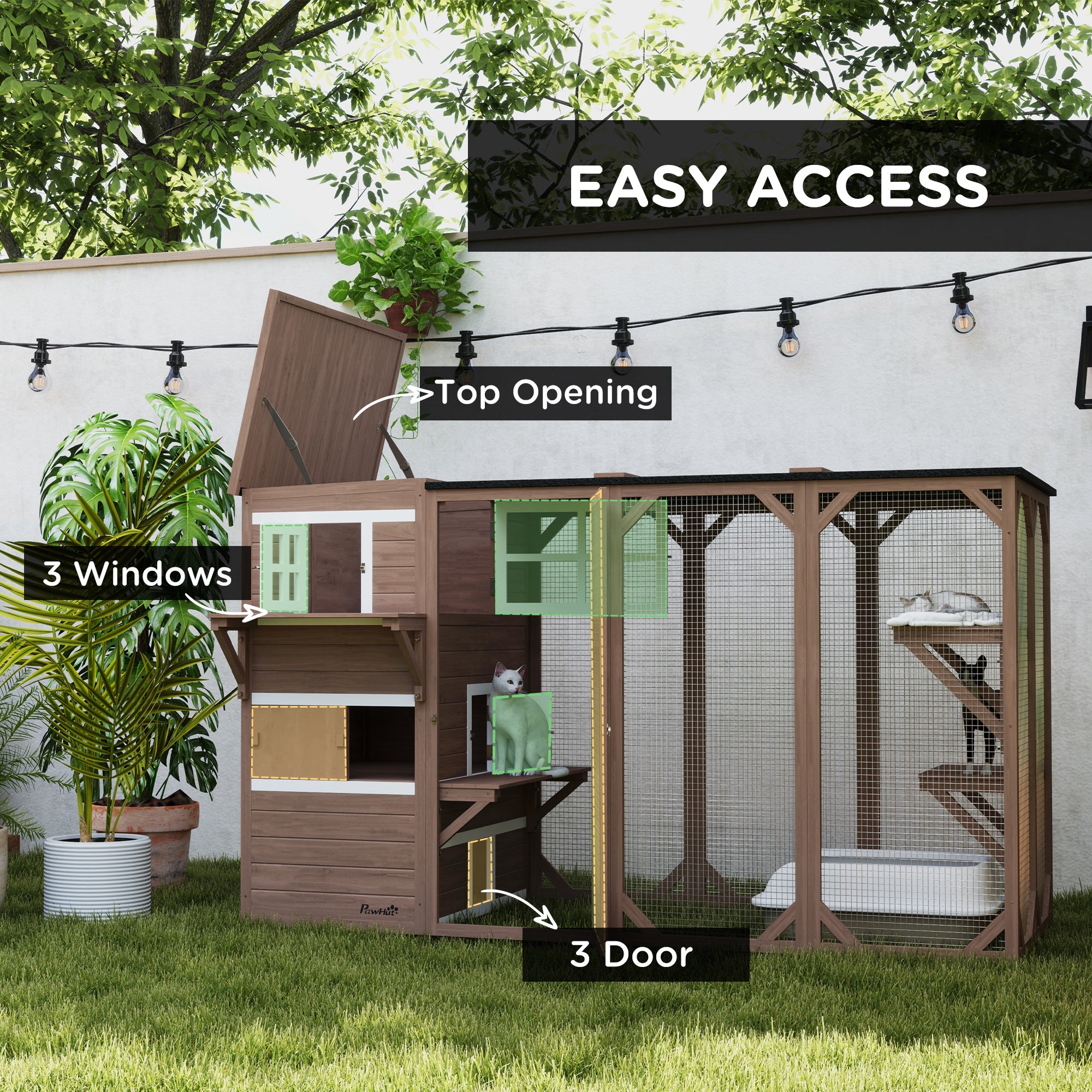 Wooden Cat Catio, 76"L Walk in Outdoor Cat House with Asphalt Roof, Platforms, Lockable Doors, 3-tier Resting Condo, Observation Window, for 2-3 Cats, Brown