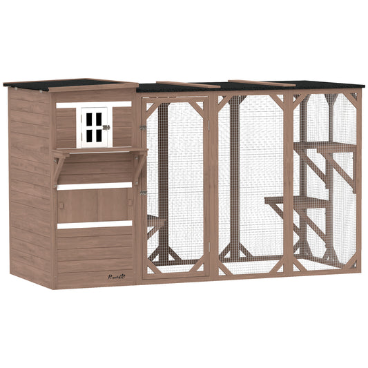 Wooden Cat Catio, 76"L Walk in Outdoor Cat House with Asphalt Roof, Platforms, Lockable Doors, 3-tier Resting Condo, Observation Window, for 2-3 Cats, Brown