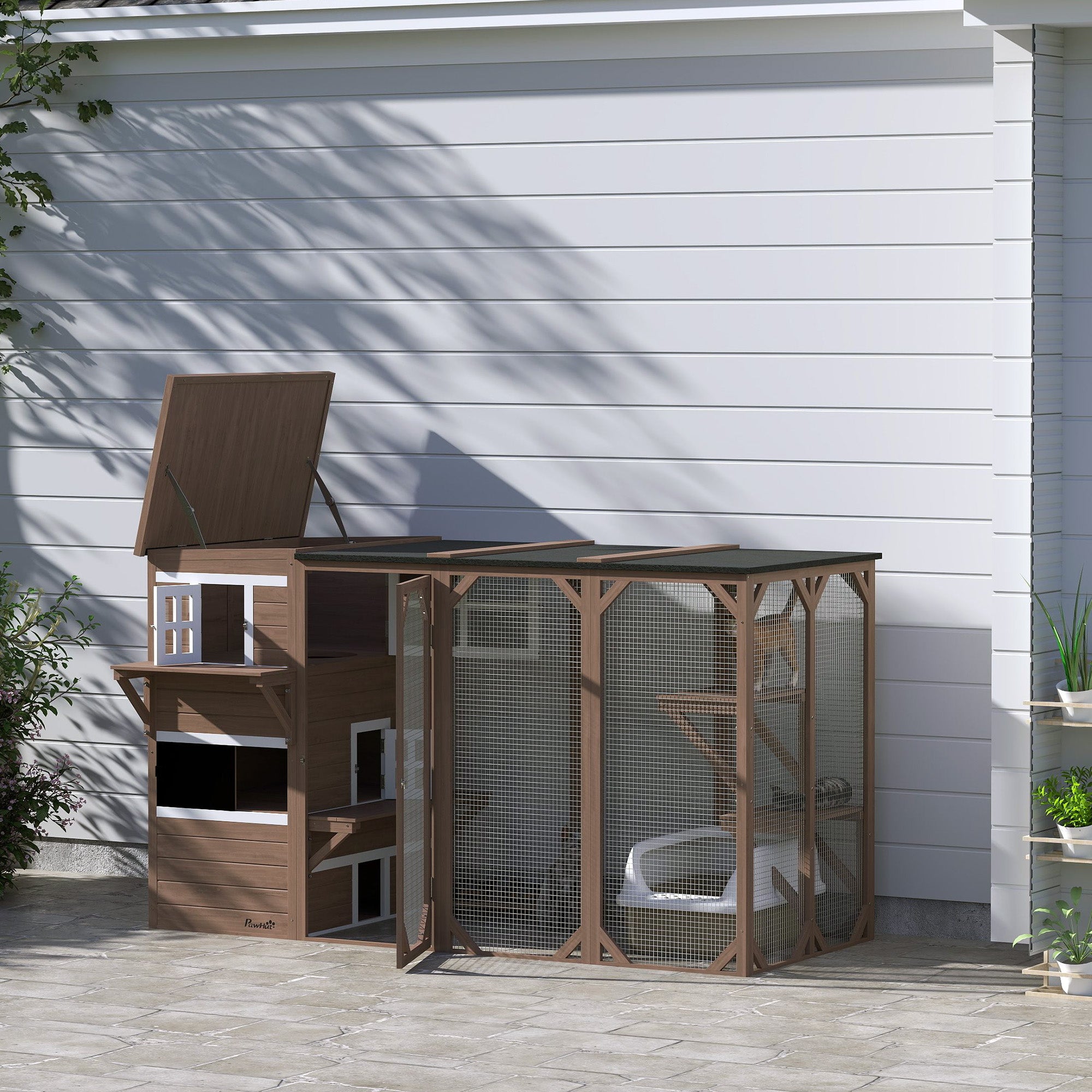 PawHut Catio Outdoor Cat Enclosure, Large Wood Kitten Cat House Enclosure with 3-Level Design, Weatherproof Roof, Big Hiding Areas, Multiple Platforms, Resting Box, 45"H, Brown