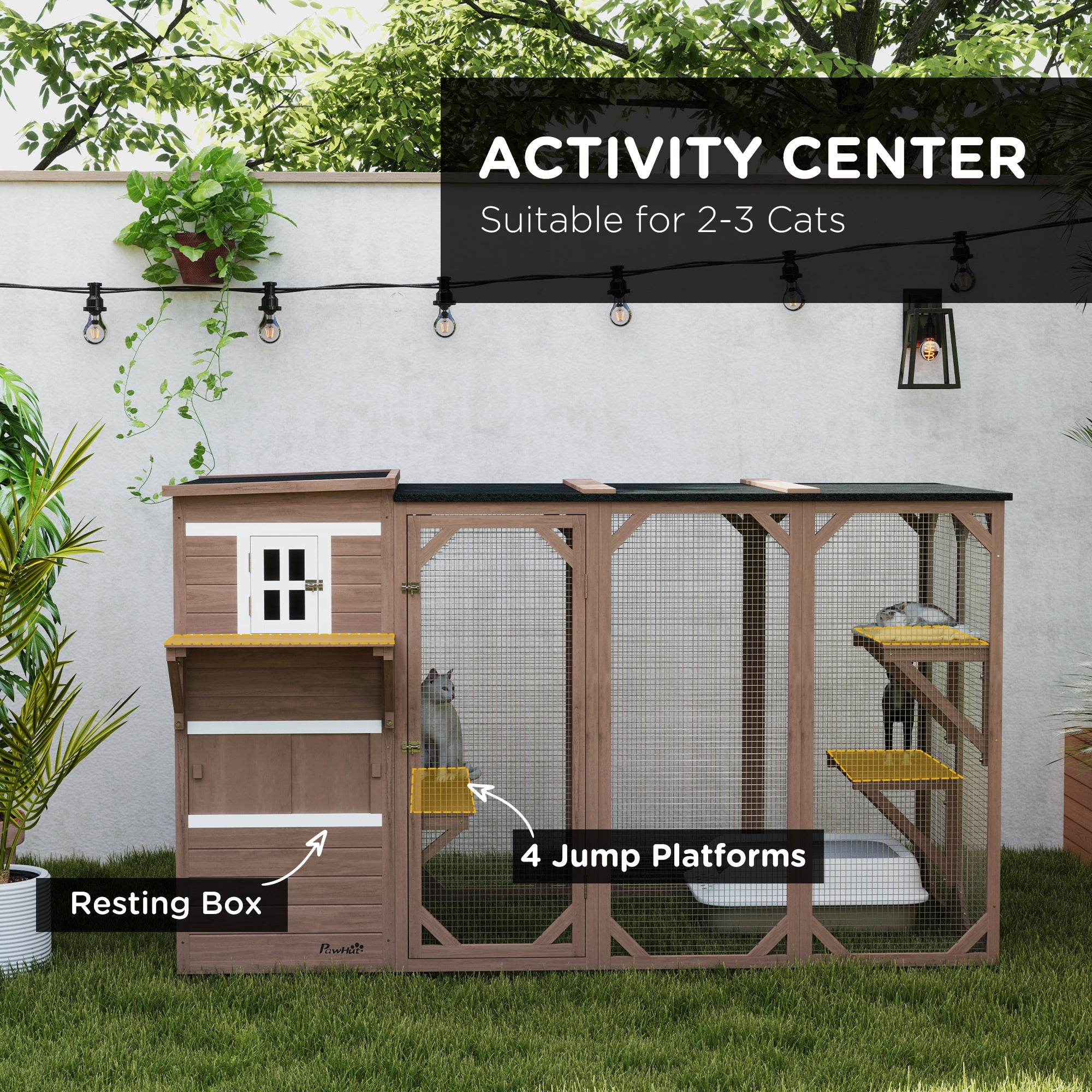 Wooden Cat Catio, 76"L Walk in Outdoor Cat House with Asphalt Roof, Platforms, Lockable Doors, 3-tier Resting Condo, Observation Window, for 2-3 Cats, Brown