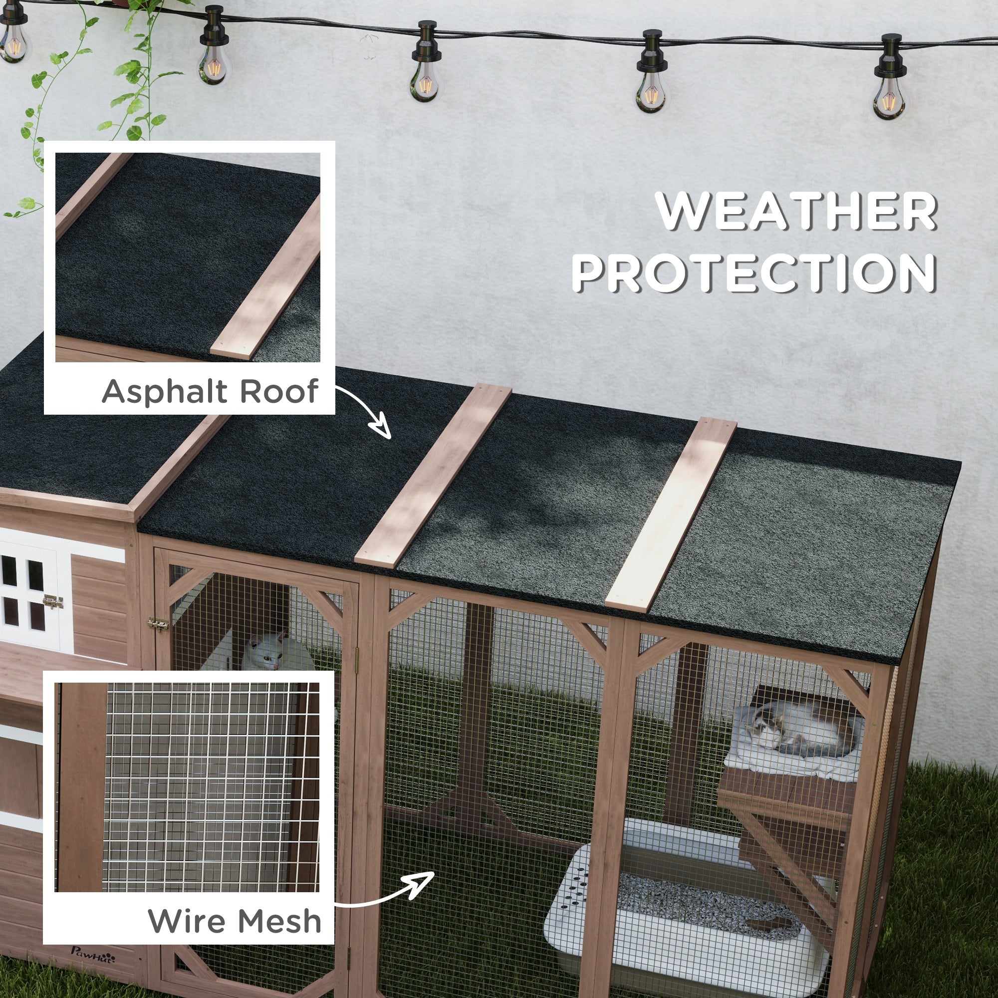 PawHut Catio Outdoor Cat Enclosure, Large Wood Kitten Cat House Enclosure with 3-Level Design, Weatherproof Roof, Big Hiding Areas, Multiple Platforms, Resting Box, 45"H, Brown