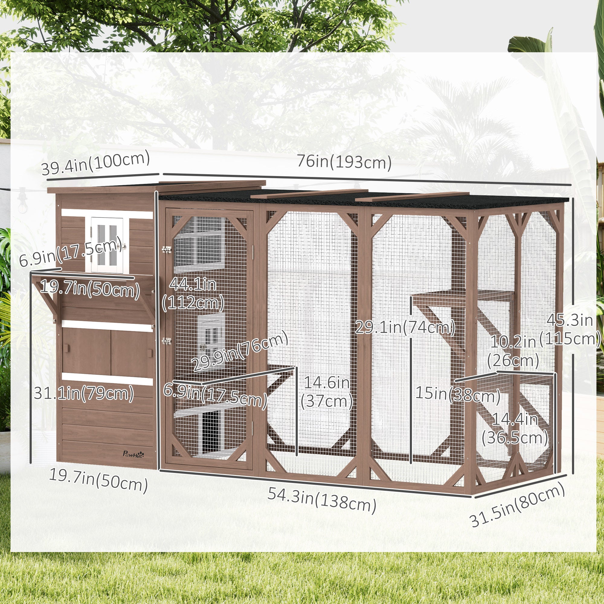 Wooden Cat Catio, 76"L Walk in Outdoor Cat House with Asphalt Roof, Platforms, Lockable Doors, 3-tier Resting Condo, Observation Window, for 2-3 Cats, Brown