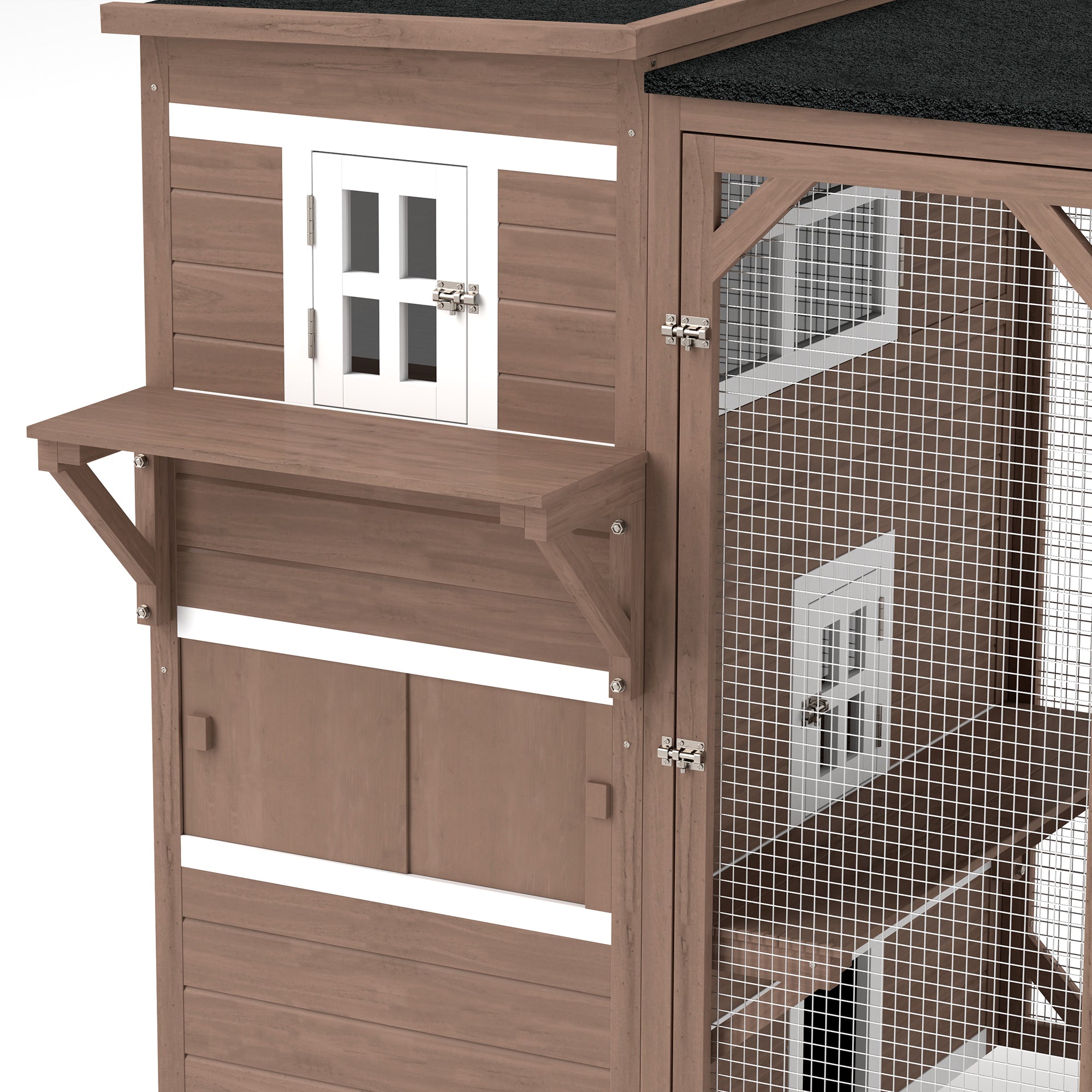 PawHut Catio Outdoor Cat Enclosure, Large Wood Kitten Cat House Enclosure with 3-Level Design, Weatherproof Roof, Big Hiding Areas, Multiple Platforms, Resting Box, 45"H, Brown