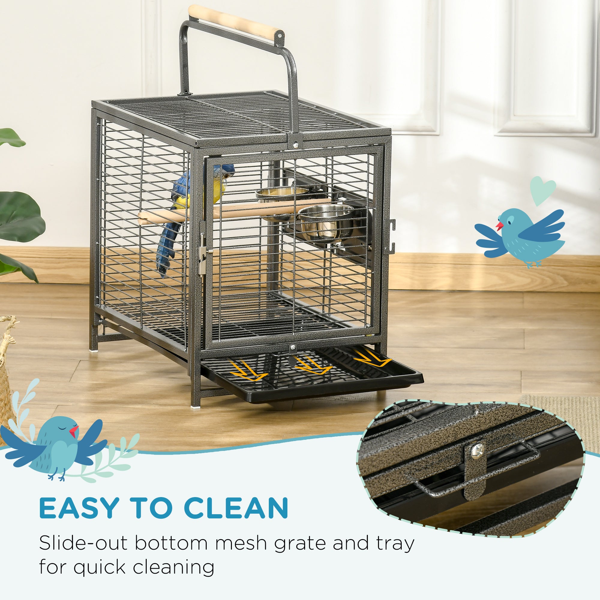 Bird Travel Carrier Cage for Parrots Conures African Grey Cockatiel Parakeets with Stand Perch, Stainless Steel Bowls, Pull Out Tray, Black