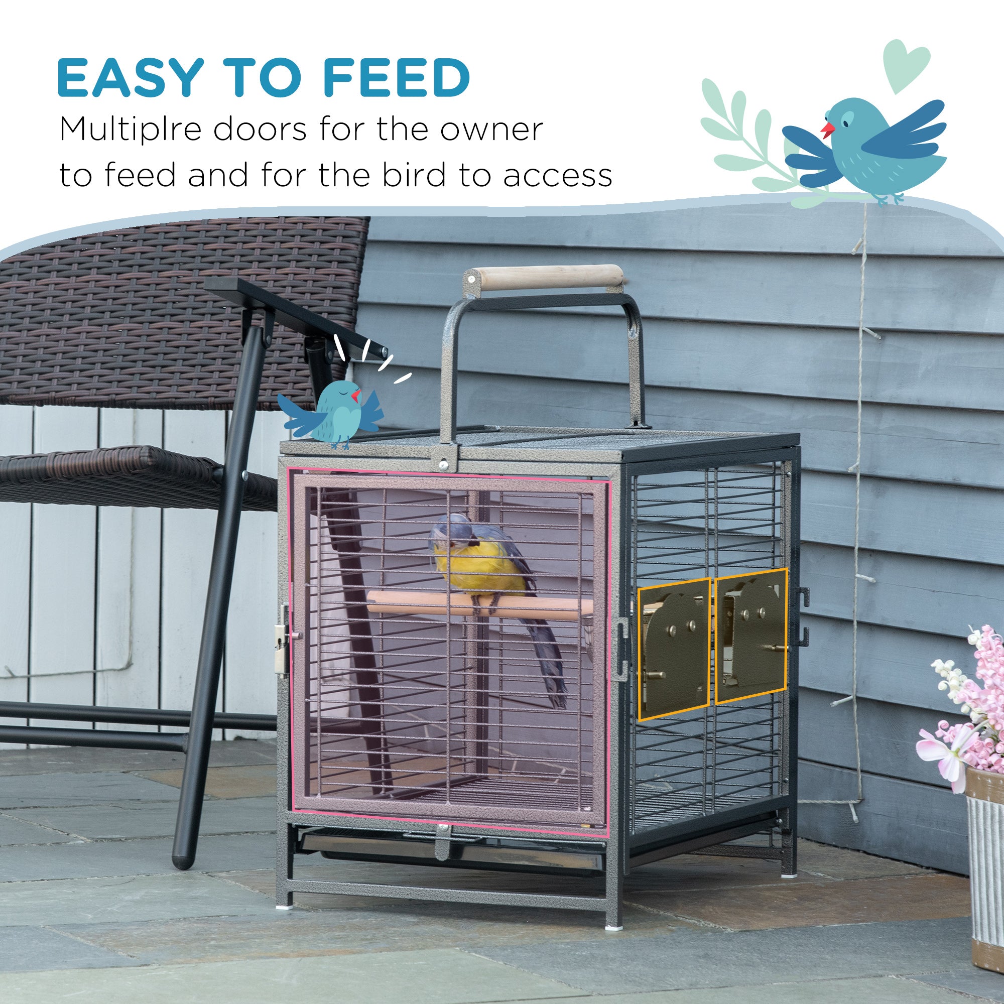 Bird Travel Carrier Cage for Parrots Conures African Grey Cockatiel Parakeets with Stand Perch, Stainless Steel Bowls, Pull Out Tray, Black