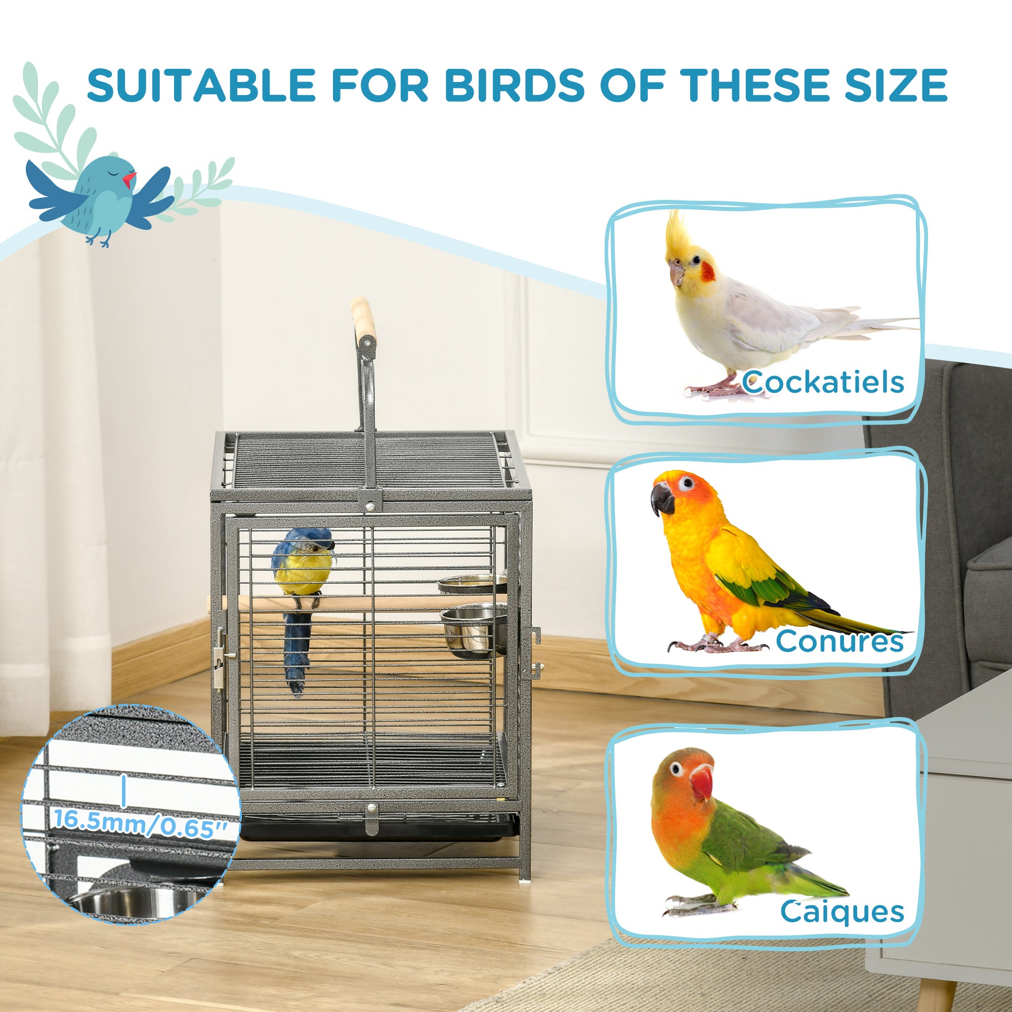 Bird Travel Carrier Cage for Parrots Conures African Grey Cockatiel Parakeets with Stand Perch, Stainless Steel Bowls, Pull Out Tray, Black