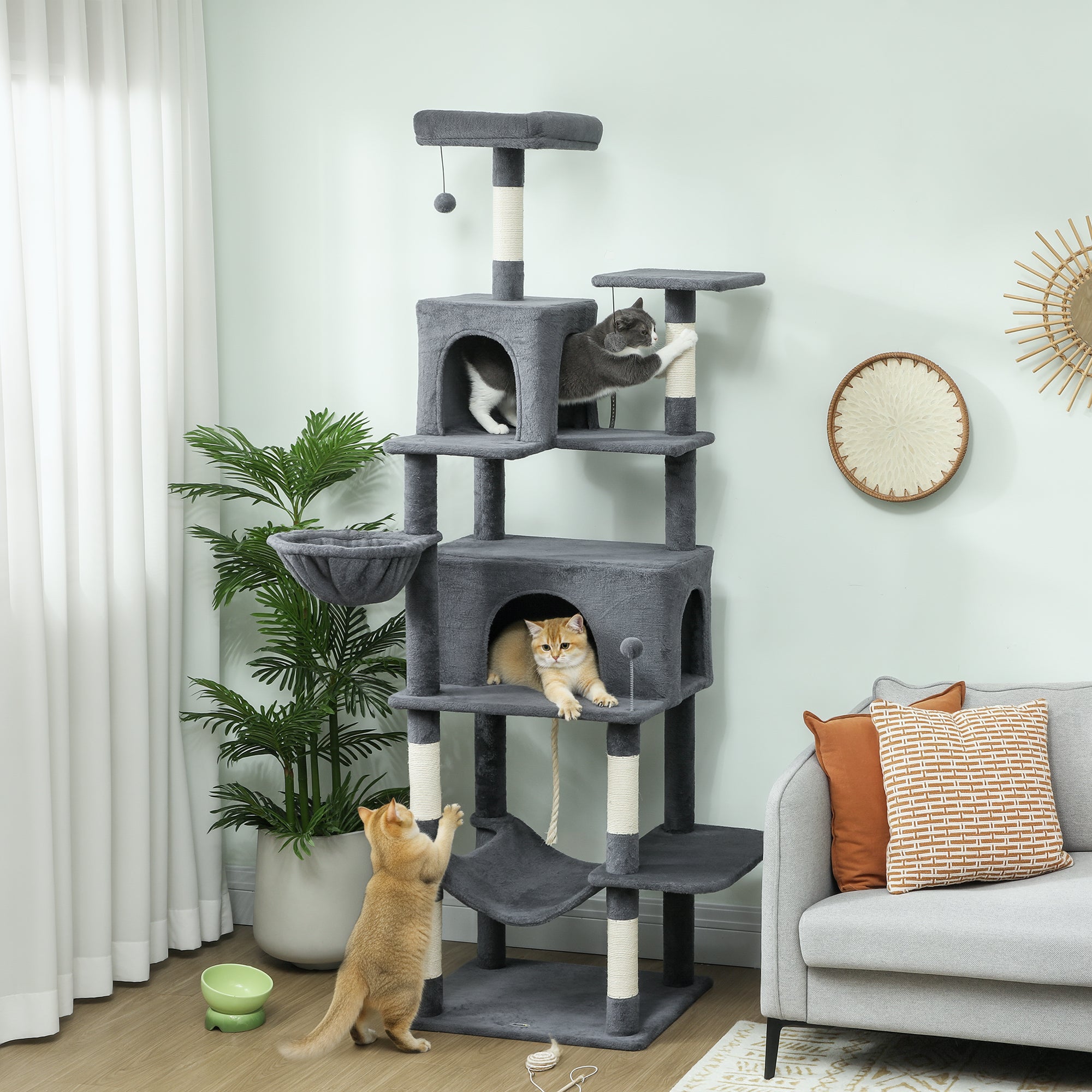Cat Tree, 202cm Large Cat Tower for Indoor Kittens with 6 Scratching Posts, 2 Condos, 2 Perches, 2 Hammocks, Pompoms, Multi-Level Plush Kitty Activity Centre for Rest and Play, Dark Grey