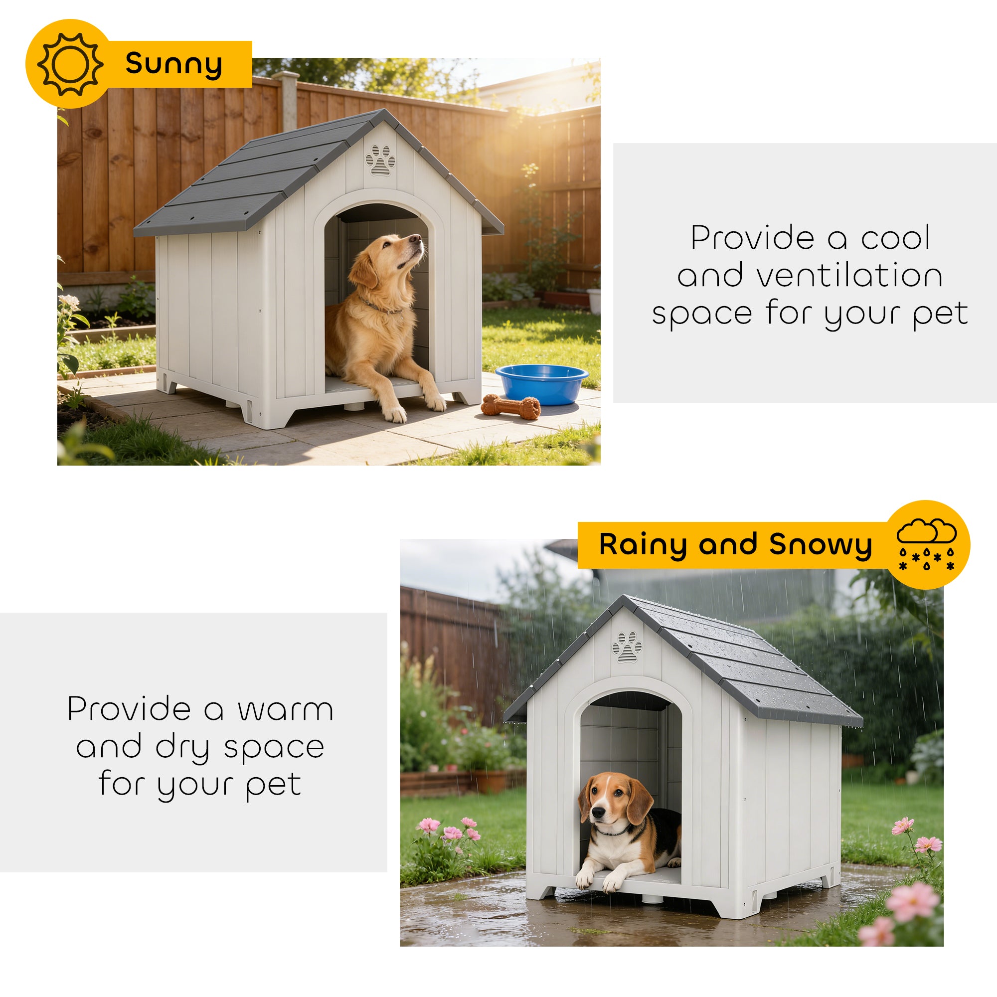 Large Plastic Dog House Outdoor Indoor, Water Resistant Puppy Shelter with Base Support, Air Vents, Elevated Floor, for Medium Large Pets, 34.6" L x 31.1" W x 35" H