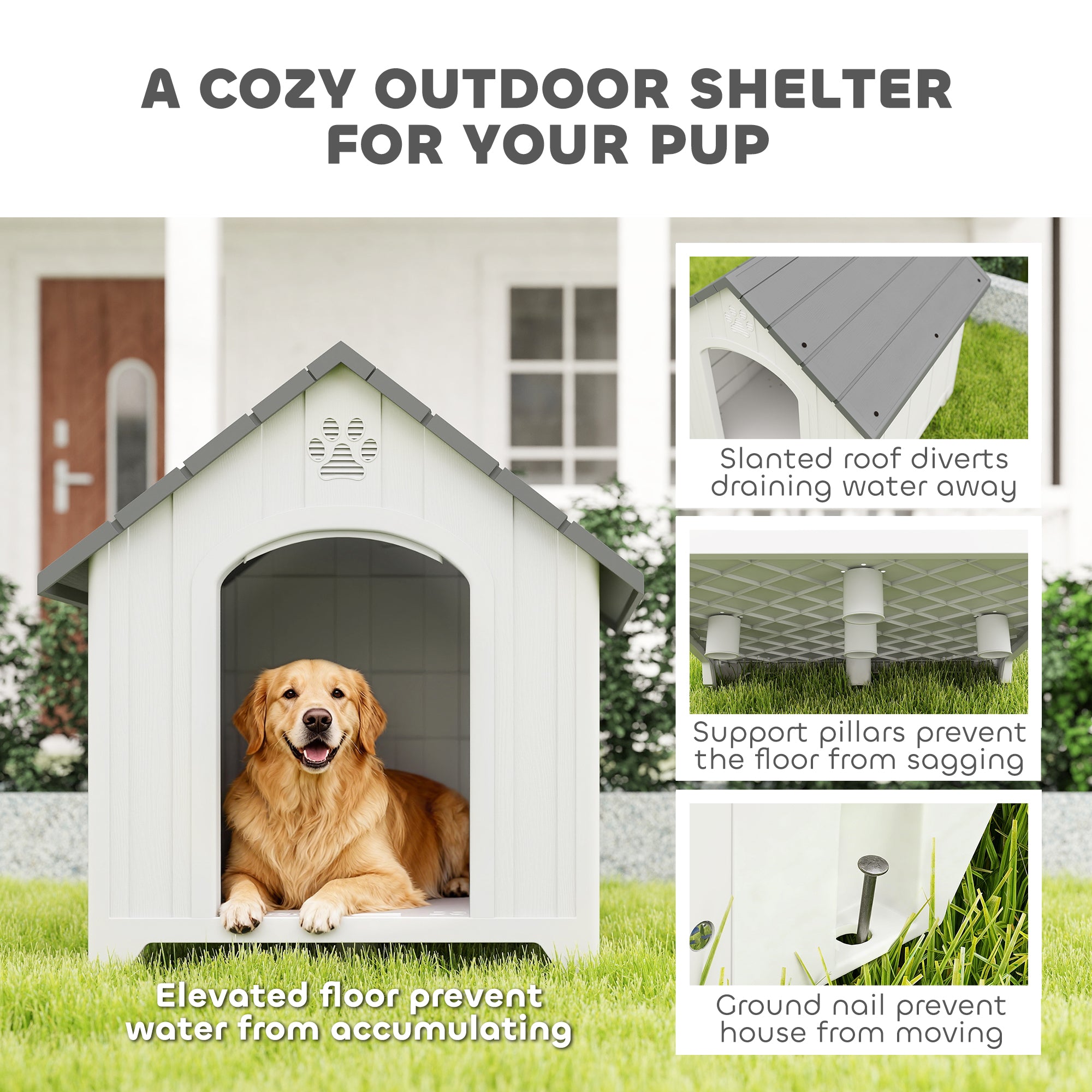 Large Plastic Dog House Outdoor Indoor, Water Resistant Puppy Shelter with Base Support, Air Vents, Elevated Floor, for Medium Large Pets, 34.6" L x 31.1" W x 35" H