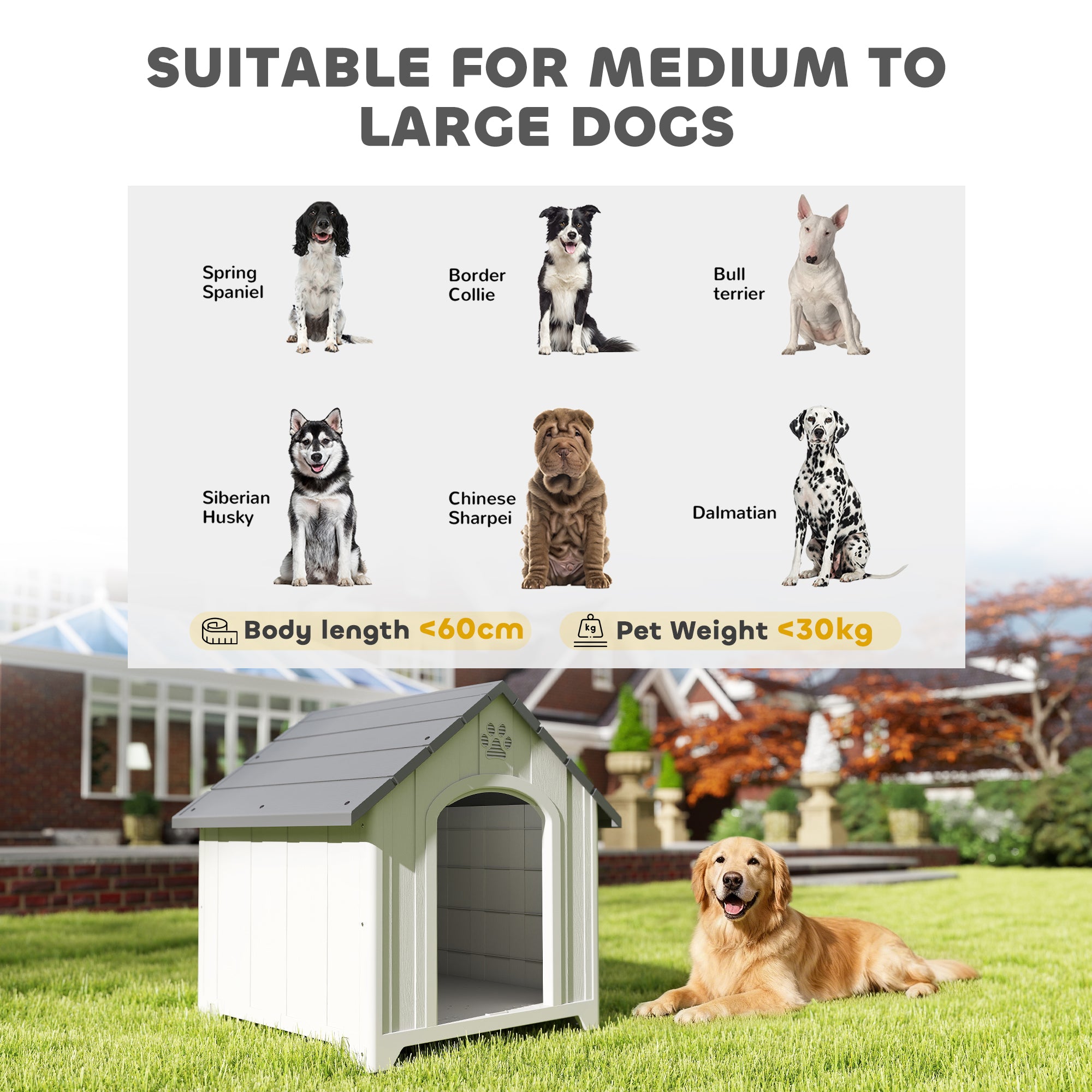 Large Plastic Dog House Outdoor Indoor, Water Resistant Puppy Shelter with Base Support, Air Vents, Elevated Floor, for Medium Large Pets, 34.6" L x 31.1" W x 35" H