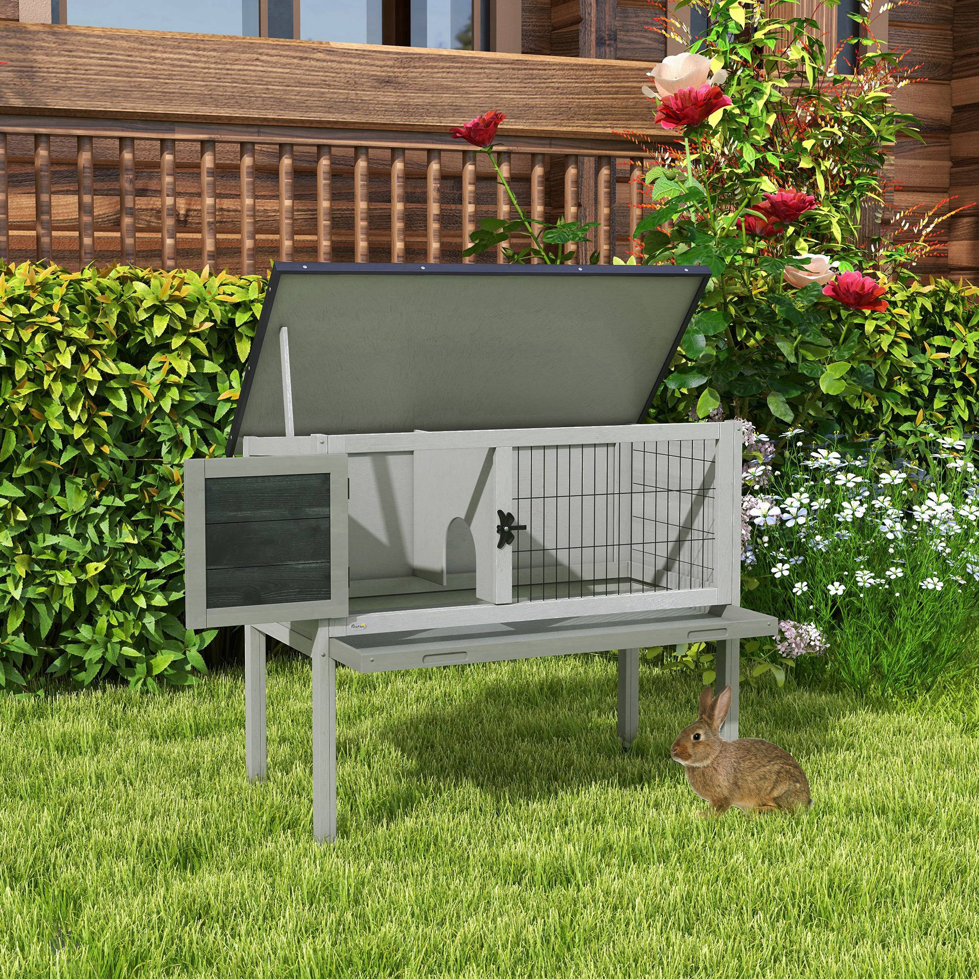 Elevated Wooden Rabbit Hutch, Indoor/Outdoor Bunny Cage with Hinged Asphalt Roof and Removable Tray for Guinea Pig, Gray