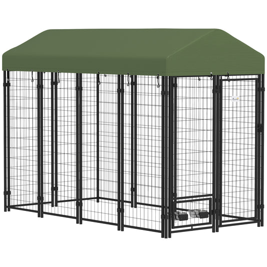 PawHut 8' x 4' x 6' Outdoor Dog Kennel, Welded Wire Heavy Duty Dog Run with 360° Rotating Bowls, Dog Kennel Outside with Waterproof & UV Resistant Cover, for S&M&L Dogs