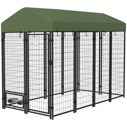 PawHut 8' x 4' x 6' Outdoor Dog Kennel, Welded Wire Heavy Duty Dog Run with 360° Rotating Bowls, Dog Kennel Outside with Waterproof & UV Resistant Cover, for S&M&L Dogs