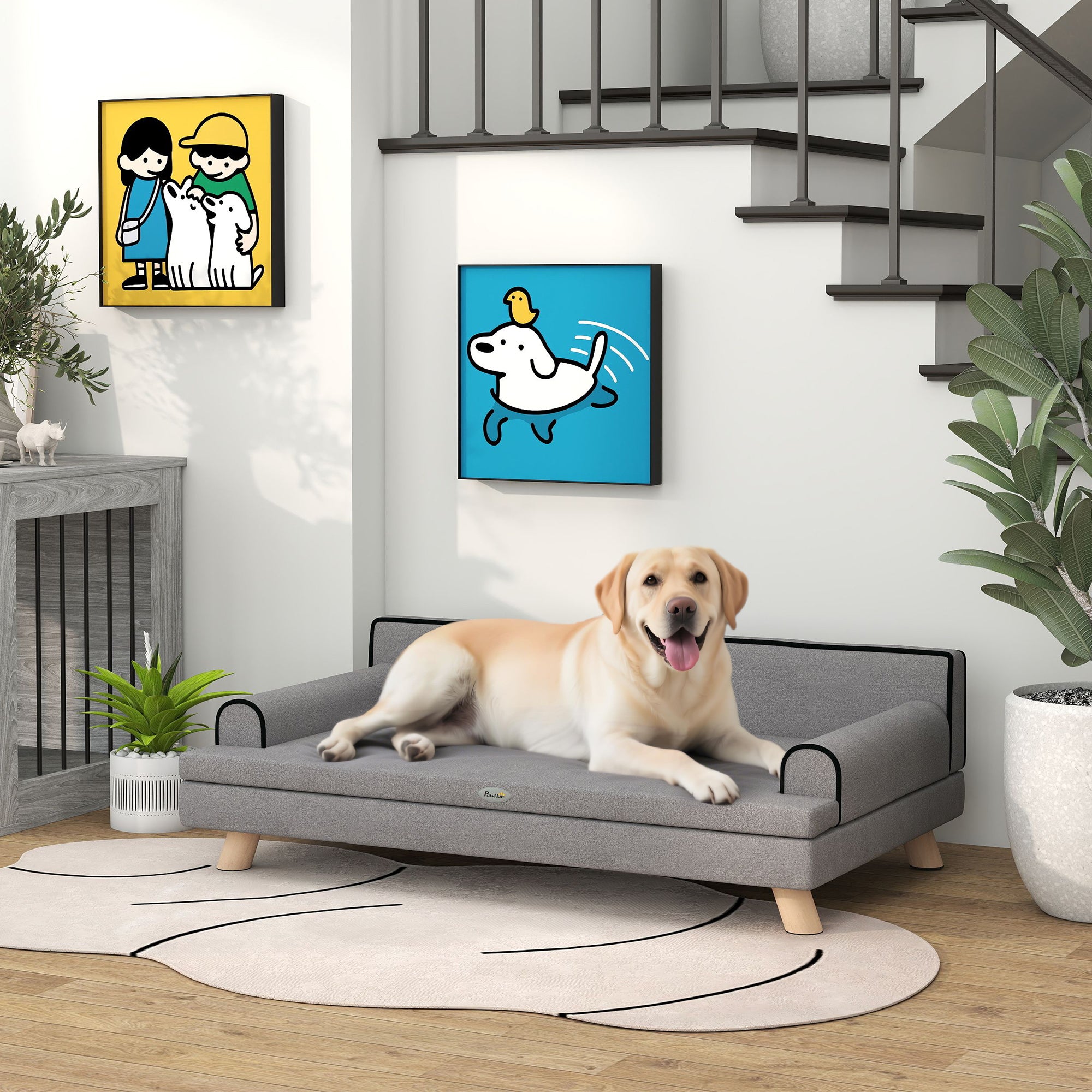 Dog Sofa, 39" Cat Couch with Removable Cushion, Washable Cover, Wooden Legs, Elevated Pet Cat Sofa for Medium & Large Dogs, Light Grey