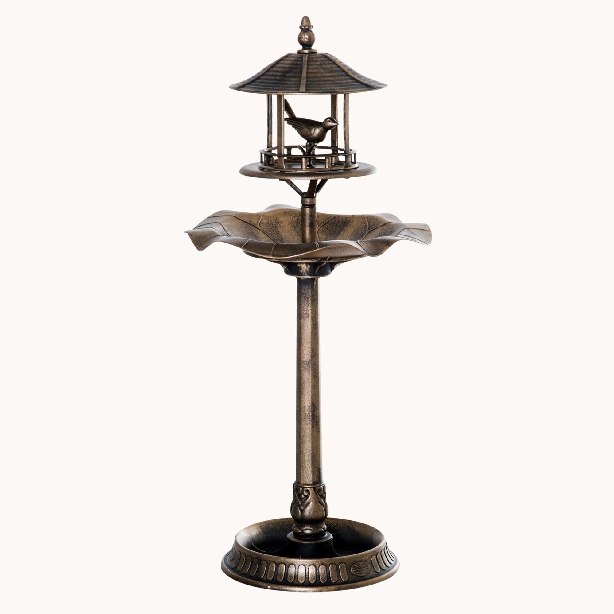 3-in-1 Garden Bird Bath Bowl Pedestal with Bird Feeder, Large Water Basin, Underneath Flower Planter, Antique Gold (Bronze)