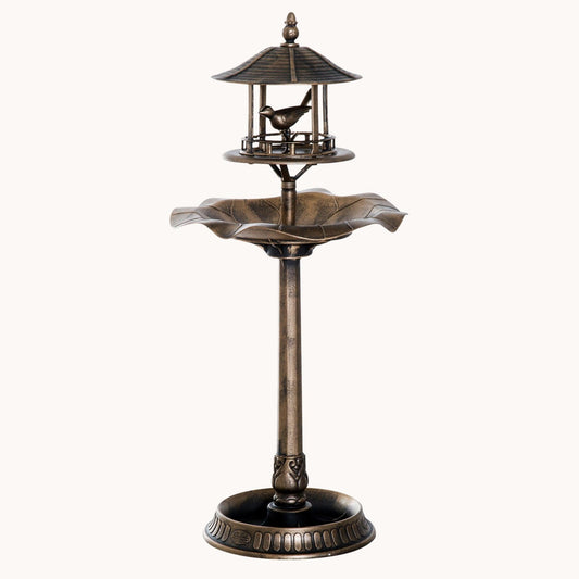 3-in-1 Garden Bird Bath Bowl Pedestal with Bird Feeder, Large Water Basin, Underneath Flower Planter, Antique Gold (Bronze)