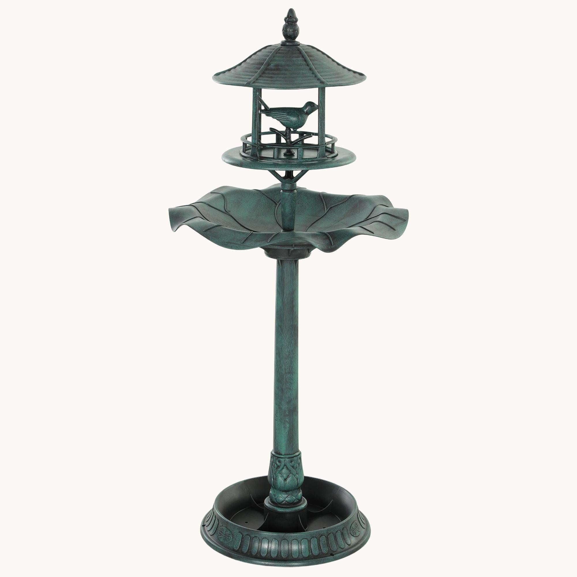 3-in-1 Garden Bird Bath Bowl Pedestal with Bird Feeder, Large Water Basin, Underneath Flower Planter, Green