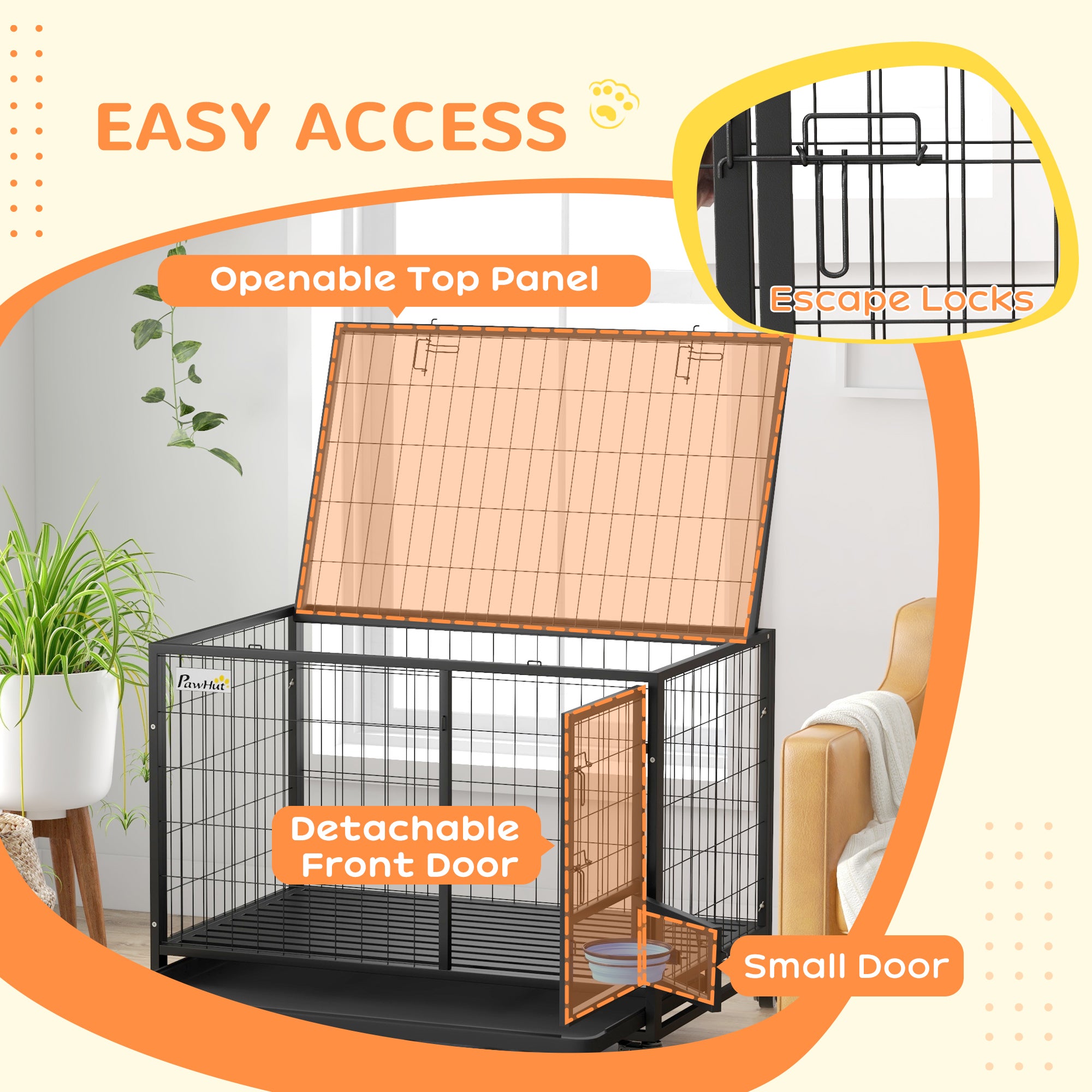 43" Heavy Duty Dog Crate with Bowl Holder, Dog Cage on Wheels with Removable Tray, Openable Top, Detachable Door, Indoor Outdoor Use, for Large and Extra Large Dogs - Black