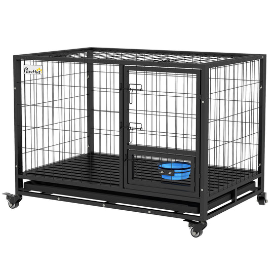 43" Heavy Duty Dog Crate with Bowl Holder, Dog Cage on Wheels with Removable Tray, Openable Top, Detachable Door, Indoor Outdoor Use, for Large and Extra Large Dogs - Black