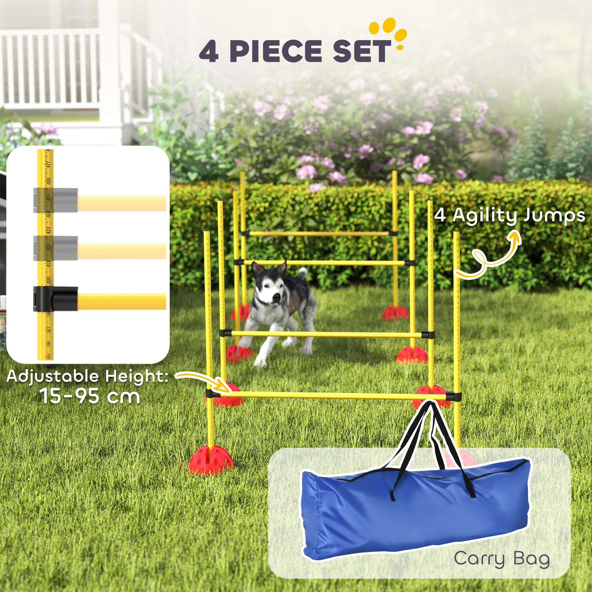 Dog Agility Training Equipment, 4 PCS Obstacle Course with Height Adjustable Jump Hurdle and Bag, Dog Agility Course for Backyard, Indoor, Outdoor, Yellow