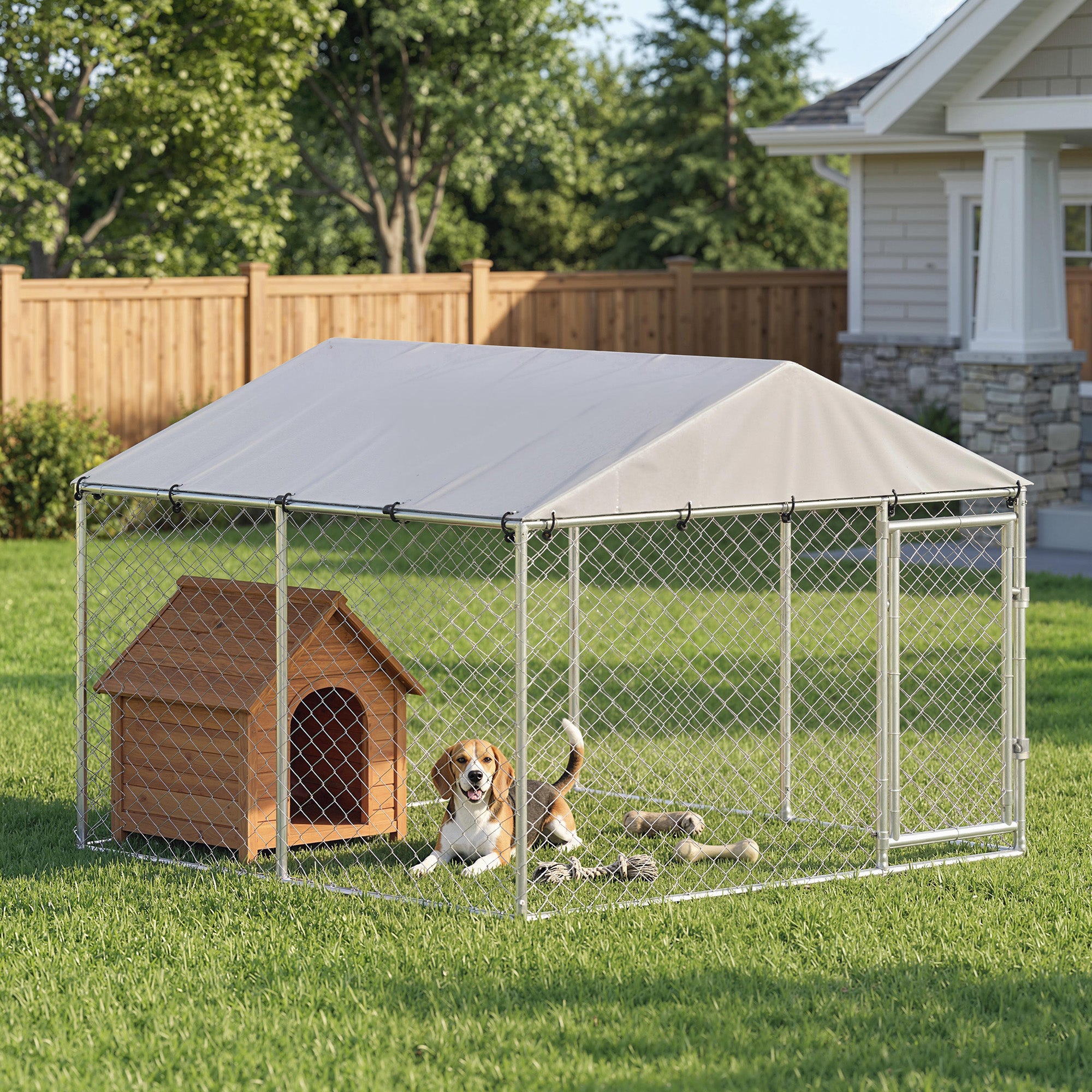 Outdoor Dog Kennel Dog Run with Waterproof, UV Resistant Cover, Dual Lock and Flexible Door for Small and Medium Sized Dogs, Chickens, Ducks, 7.5' x 7.5' x 5.6', Silver