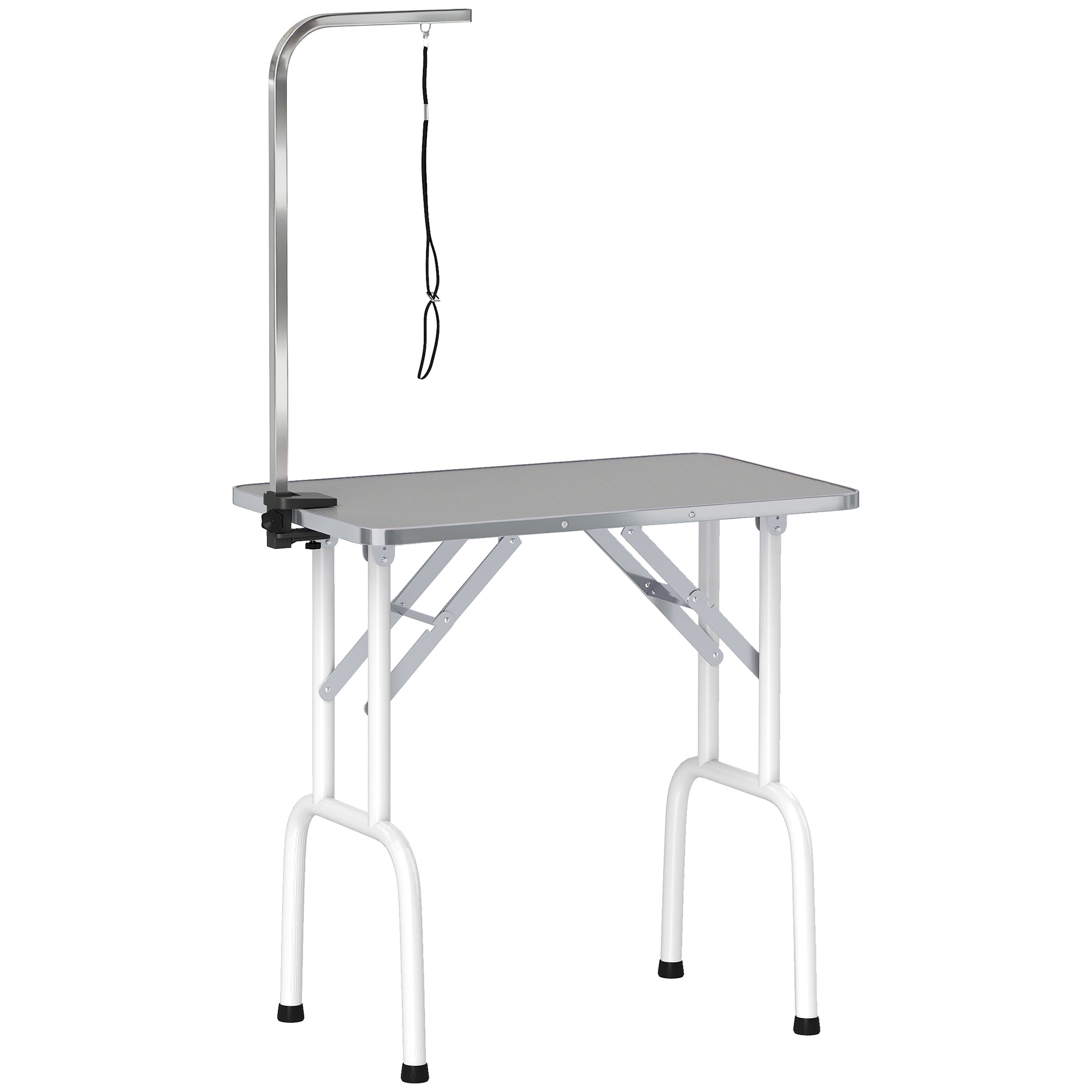 32in Foldable Dog Grooming Table for Small Medium Dogs, Pet Grooming Table for Cats Puppies with Adjustable Arm, Noose and Non-Slip Surface, Grey