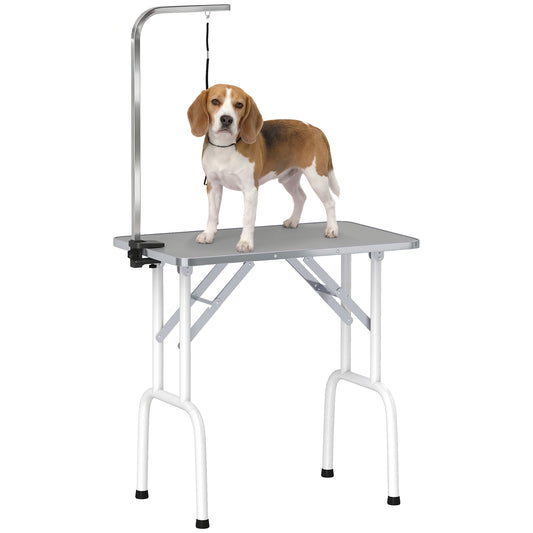 32in Foldable Dog Grooming Table for Small Medium Dogs, Pet Grooming Table for Cats Puppies with Adjustable Arm, Noose and Non-Slip Surface, Grey