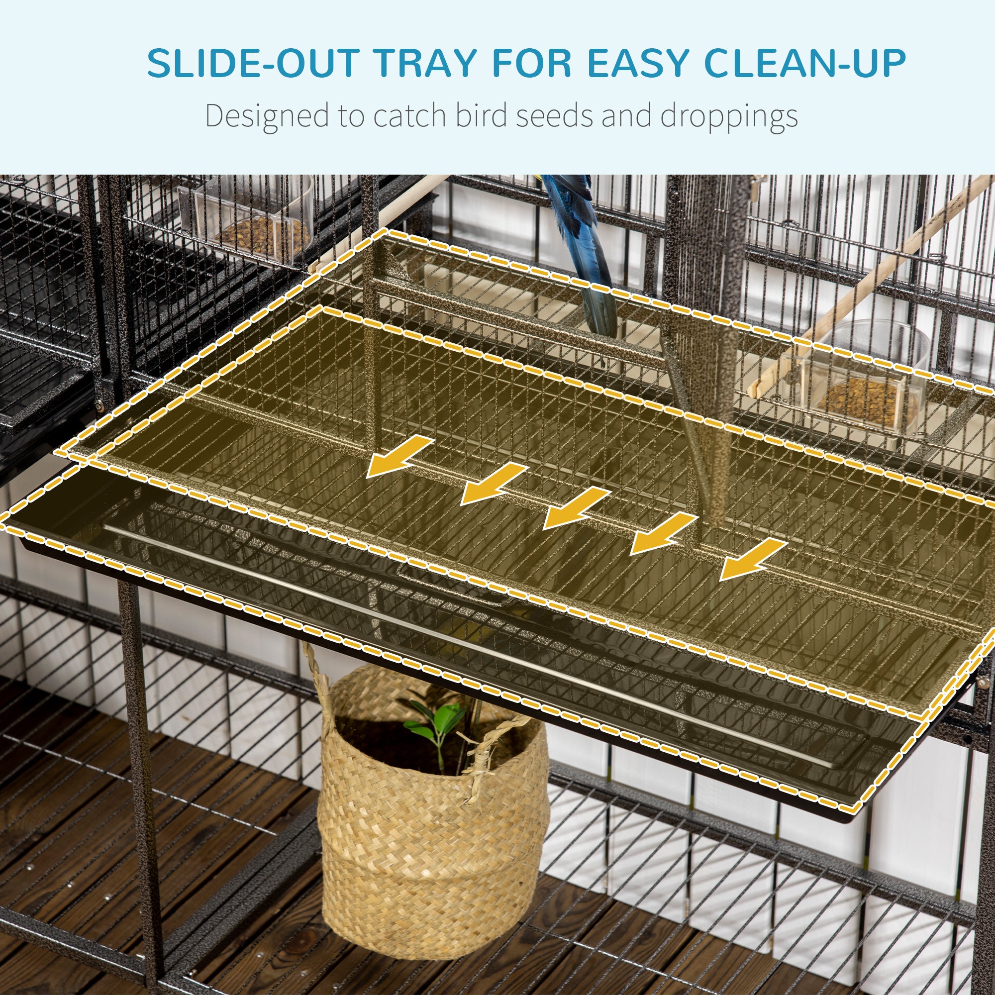 65" Double Rolling Metal Bird Cage with Divider, Large Parrot Cage for Parakeet, Canaries, Lovebirds, Budgie, Finch, with Detachable Rolling Stand, Storage Shelf, Wood Perch & Food Container