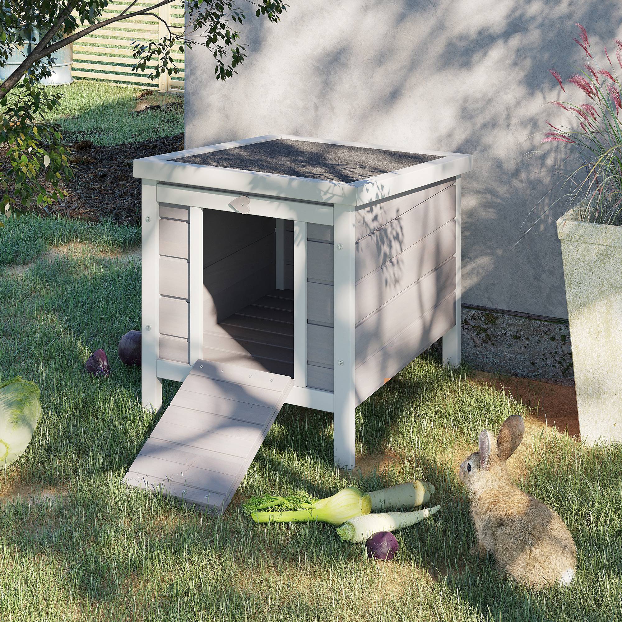 Small Wooden Rabbit Hutch Bunny Cage Guinea Pig Cage Duck House Dog House with Openable & Waterproof Roof, for Rabbits, Chickens, Ducks, Gray