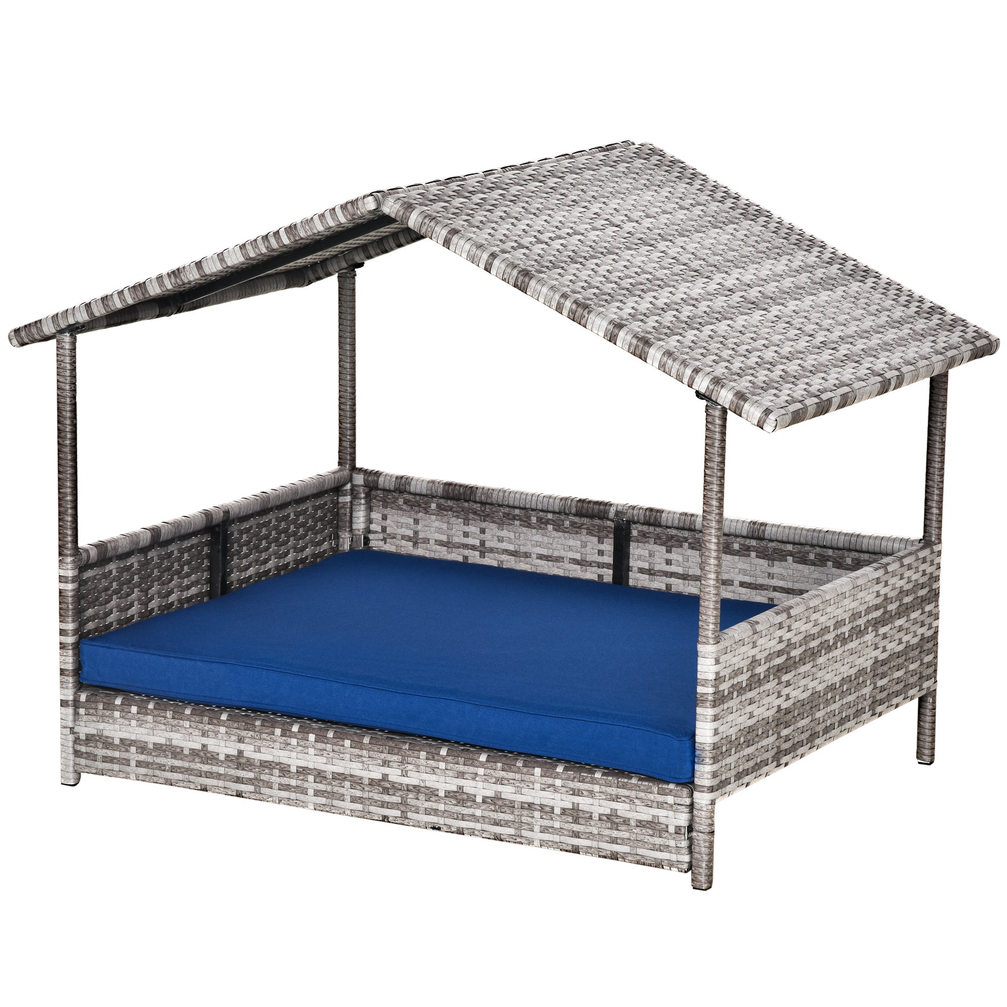 Elevated Rattan Dog House Outdoor with Canopy, Wicker Dog Bed with Water-Resistant Cushion, for Small and Medium Dogs Dark Blue