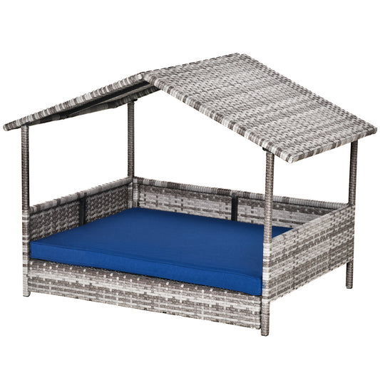 Elevated Rattan Dog House Outdoor with Canopy, Wicker Dog Bed with Water-Resistant Cushion, for Small and Medium Dogs Dark Blue