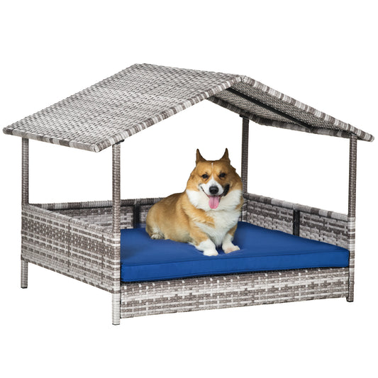 Elevated Rattan Dog House Outdoor with Canopy, Wicker Dog Bed with Water-Resistant Cushion, for Small and Medium Dogs Dark Blue