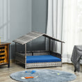 Load image into Gallery viewer, Elevated Rattan Dog House Outdoor with Canopy, Wicker Dog Bed with Water-Resistant Cushion, for Small and Medium Dogs Dark Blue
