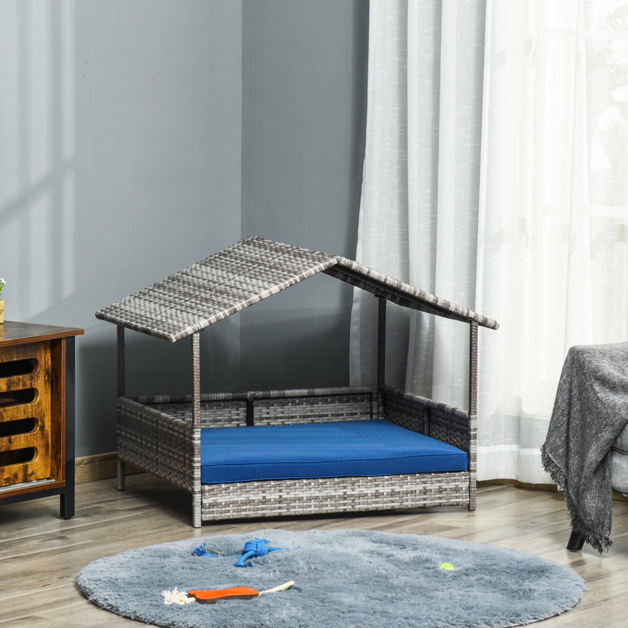 Elevated Rattan Dog House Outdoor with Canopy, Wicker Dog Bed with Water-Resistant Cushion, for Small and Medium Dogs Dark Blue
