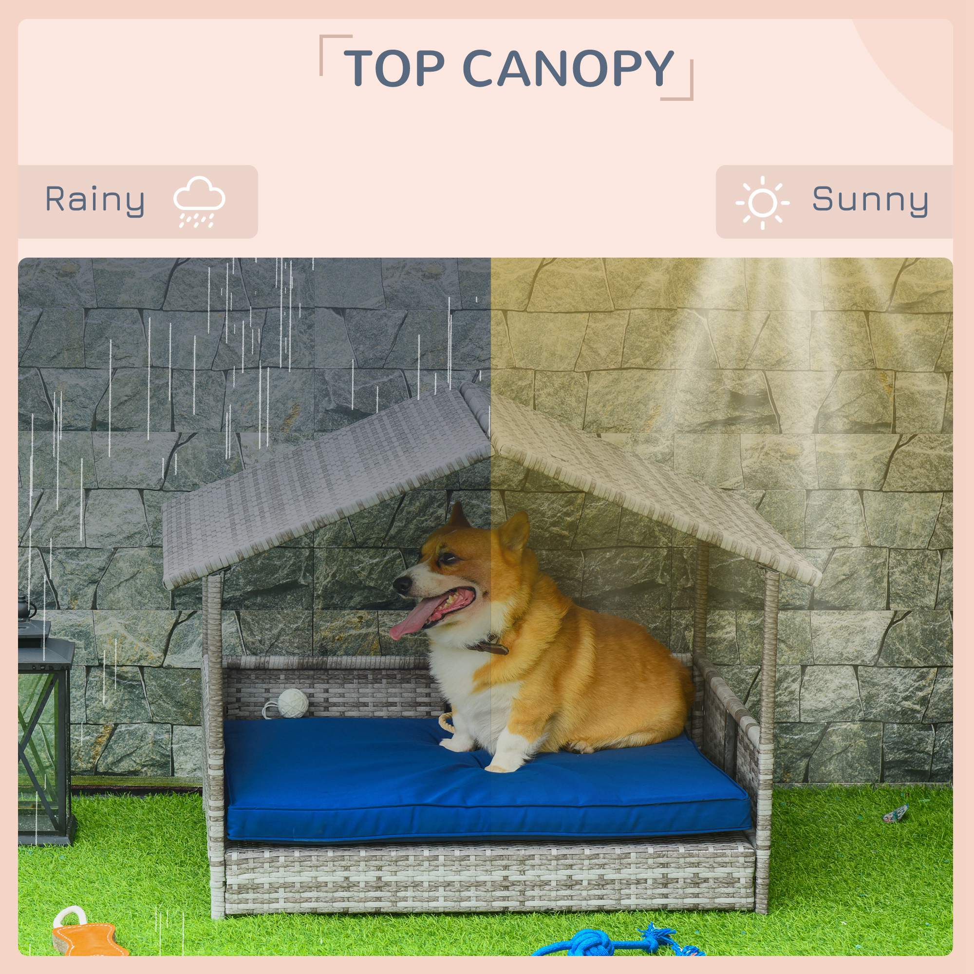 Elevated Rattan Dog House Outdoor with Canopy, Wicker Dog Bed with Water-Resistant Cushion, for Small and Medium Dogs Dark Blue