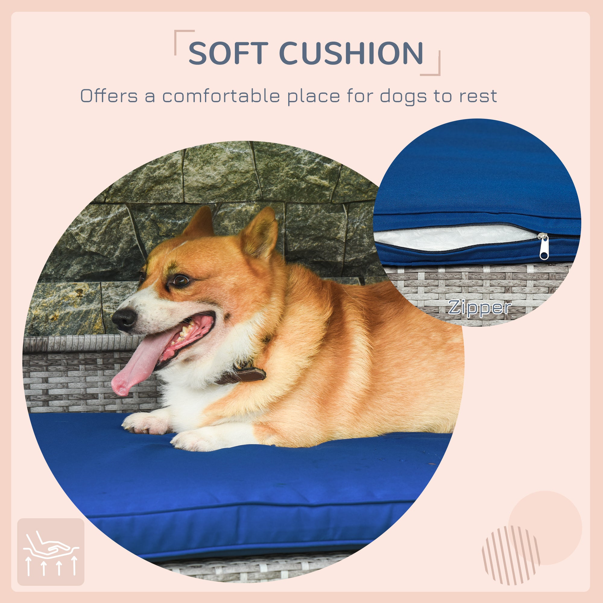 Elevated Rattan Dog House Outdoor with Canopy, Wicker Dog Bed with Water-Resistant Cushion, for Small and Medium Dogs Dark Blue
