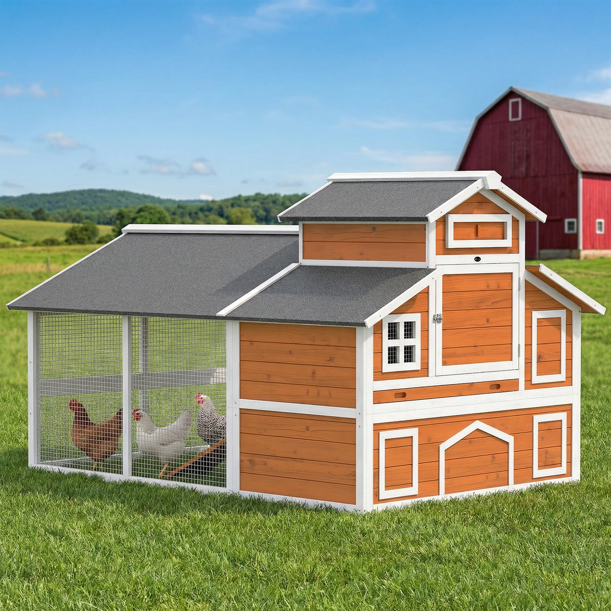 79"L Chicken Coop for 6 Chickens, Outdoor Wooden Hen House Poultry Cage with Run, 2 Nesting Boxes, Slide-Out Tray, Waterproof Asphalt Roof, Sliding Rod Door and Roosting Bar, Orange