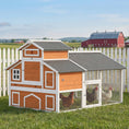 Load image into Gallery viewer, 79"L Chicken Coop for 6 Chickens, Outdoor Wooden Hen House Poultry Cage with Run, 2 Nesting Boxes, Slide-Out Tray, Waterproof Asphalt Roof, Sliding Rod Door and Roosting Bar, Orange
