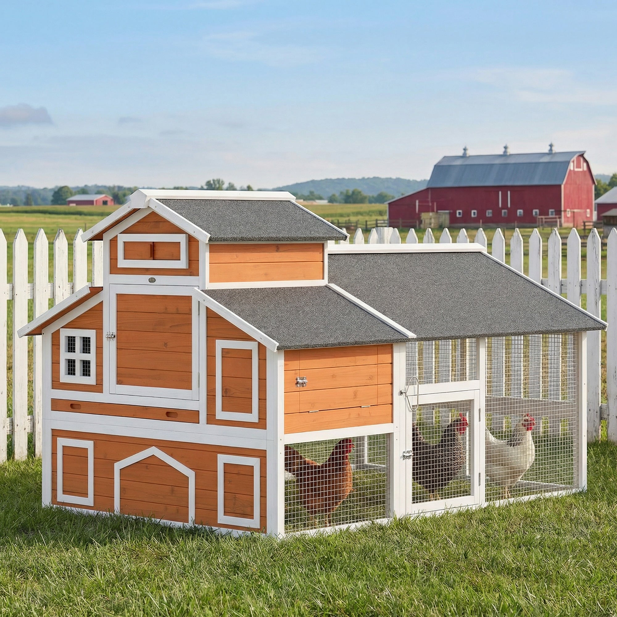 79"L Chicken Coop for 6 Chickens, Outdoor Wooden Hen House Poultry Cage with Run, 2 Nesting Boxes, Slide-Out Tray, Waterproof Asphalt Roof, Sliding Rod Door and Roosting Bar, Orange
