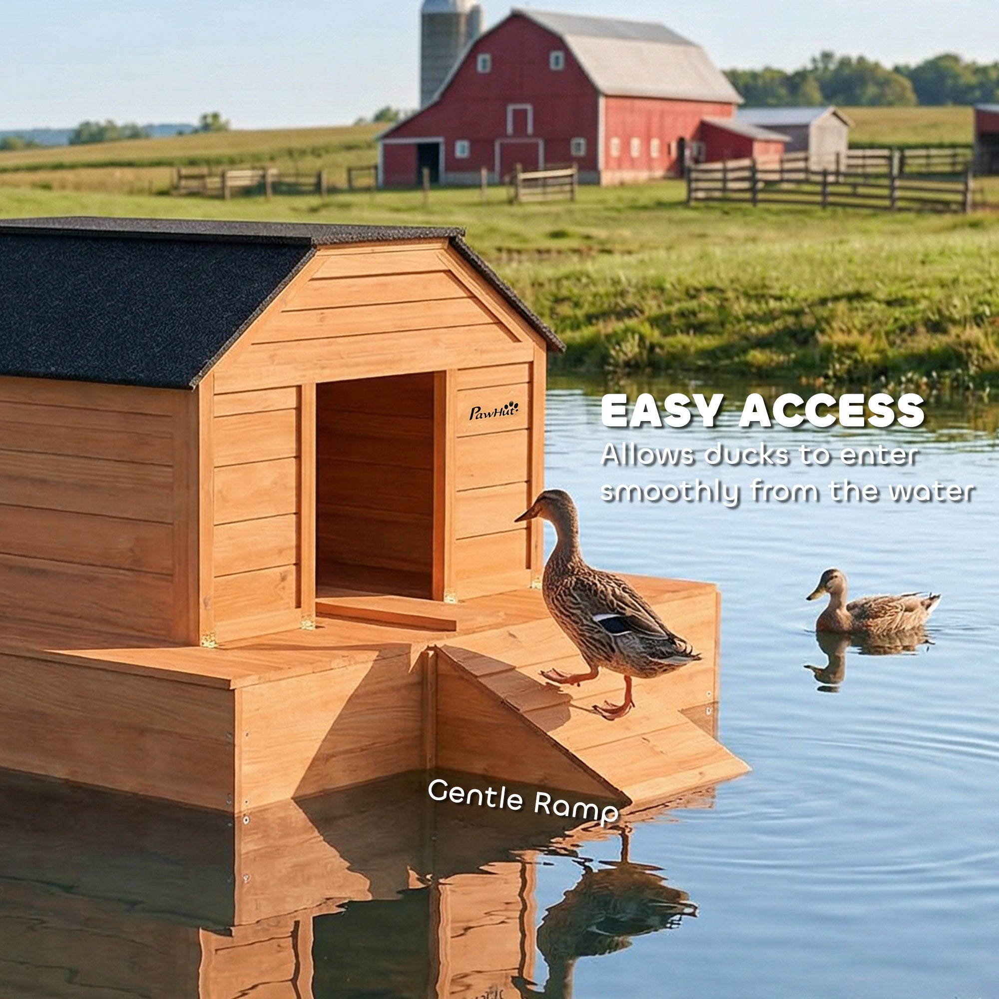 Floating Duck Coop, Wooden Duck House with Ramp and Waterproof Asphalt Roof, Small Animal House with Dual Openings for 1-2 Poultry, Small Geese, 66" x 43" x 28", Orange