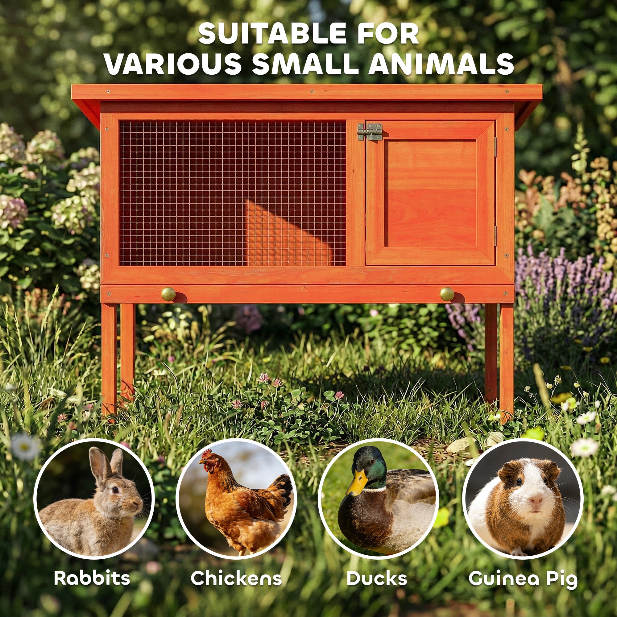 Wooden Rabbit Hutch, Guinea Pig Hutch with Openable Asphalt Roof and Pull-Out Tray, Outdoor Elevated Bunny House for Rabbits, Chinchillas and Small Animals, Indoor Outdoor Use, Orange