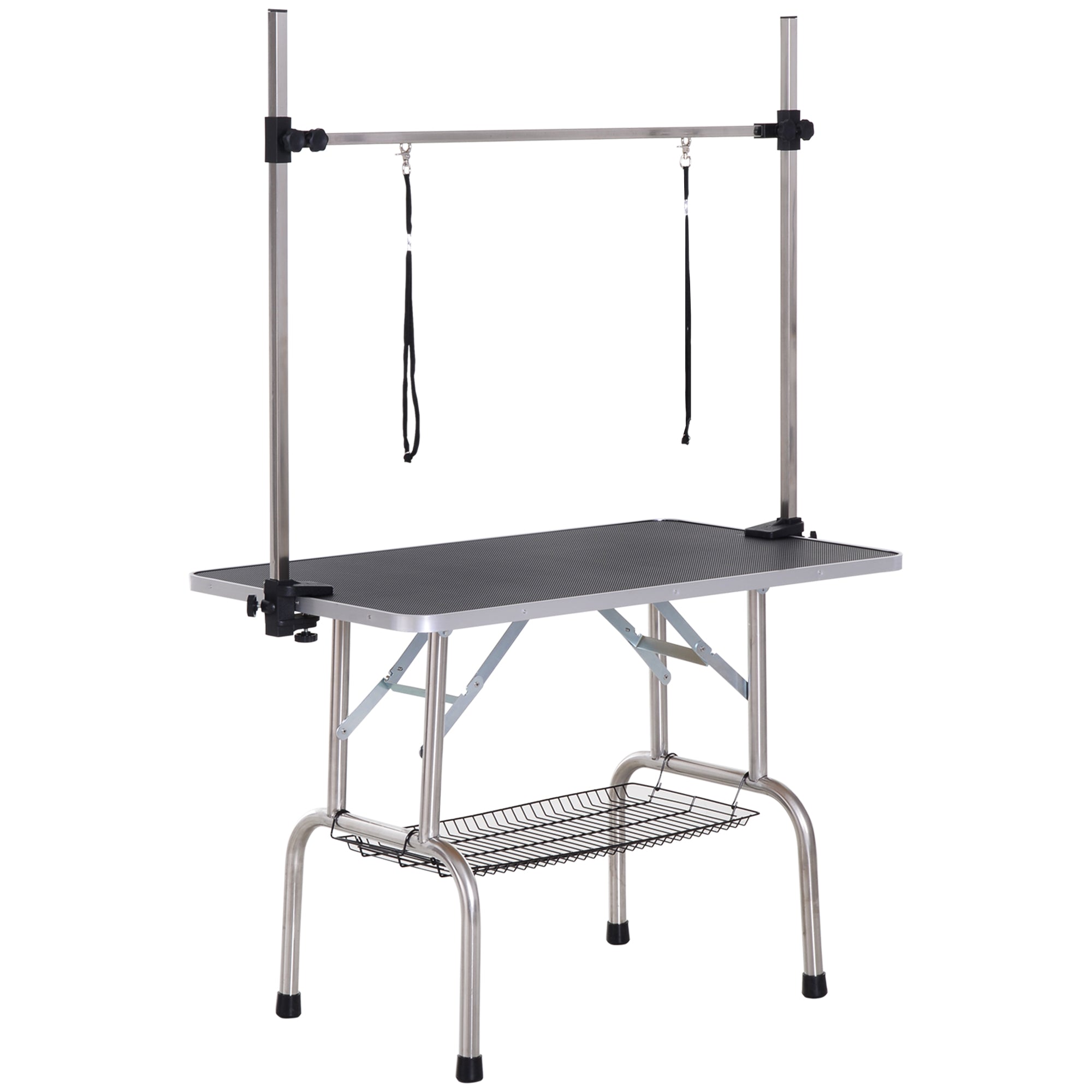 43"L Dog Grooming Table, Pet Foldable Grooming Table with 8"- 32" Adjustable Arm, Two Nooses, Mesh Tray and Rubber Top for Large Medium Small Pets, Black