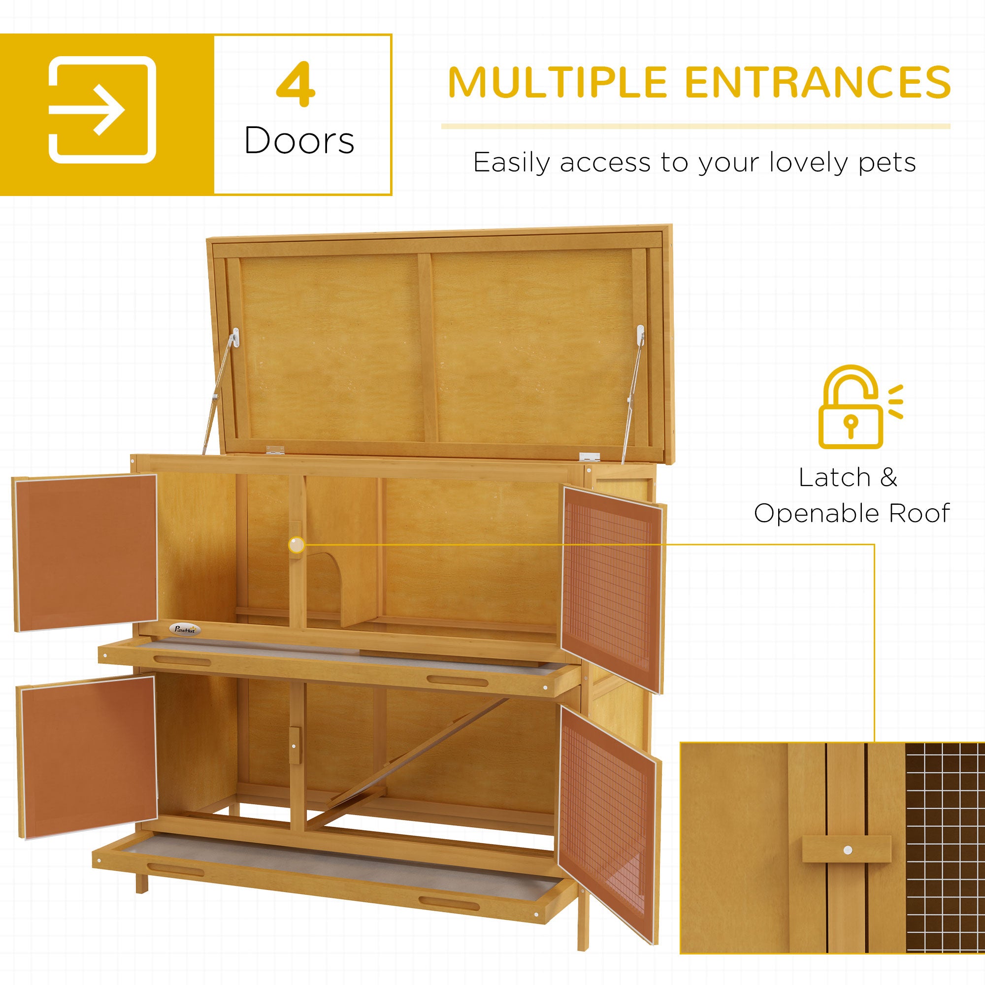 Rabbit Hutch, Wooden 2 Tier Bunny Guinea Pig Cage with Openable Top, Slide-out Tray, Ramp, Asphalt Roof, for 2 Rabbits Outdoor Backyard Use, Yellow