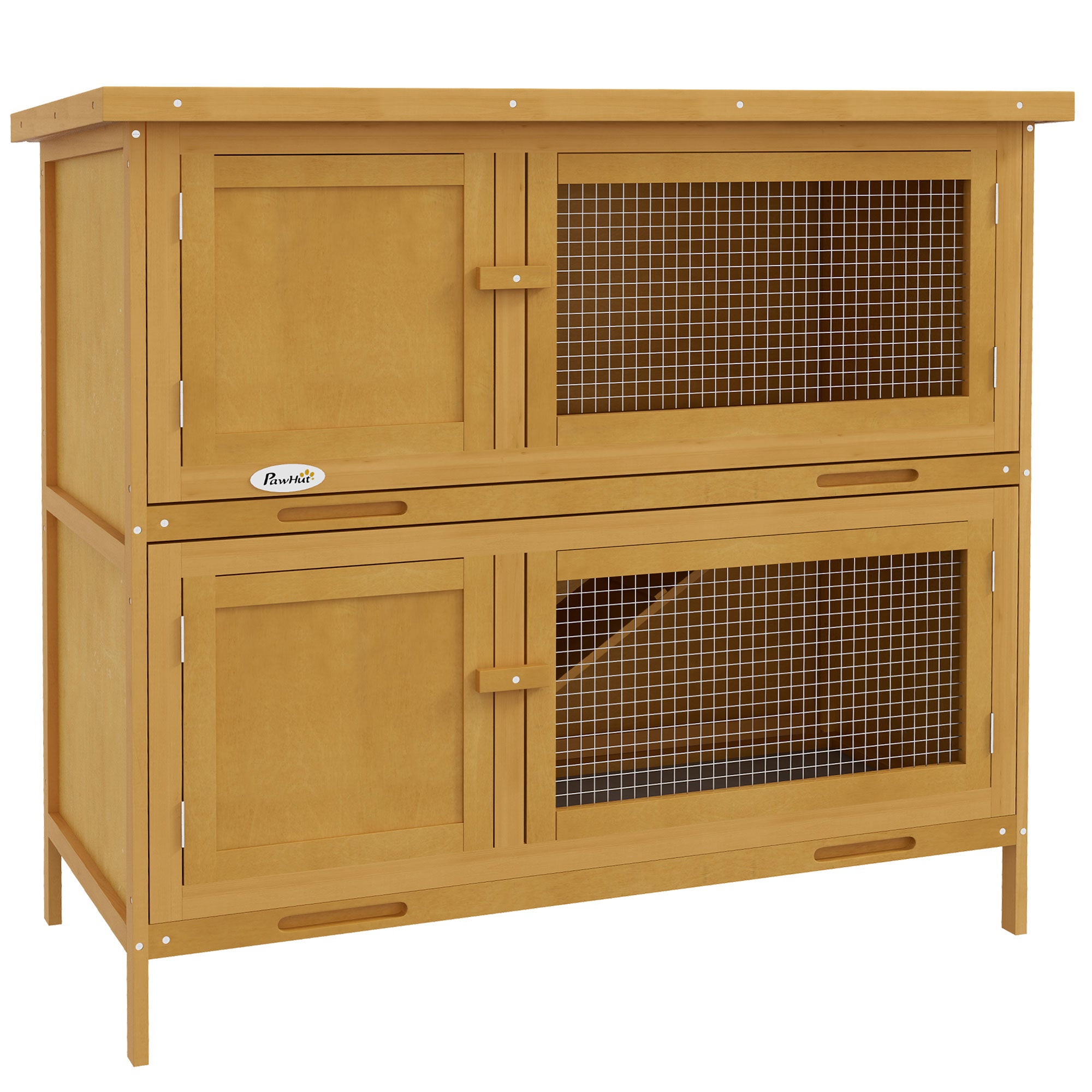 Rabbit Hutch, Wooden 2 Tier Bunny Guinea Pig Cage with Openable Top, Slide-out Tray, Ramp, Asphalt Roof, for 2 Rabbits Outdoor Backyard Use, Yellow