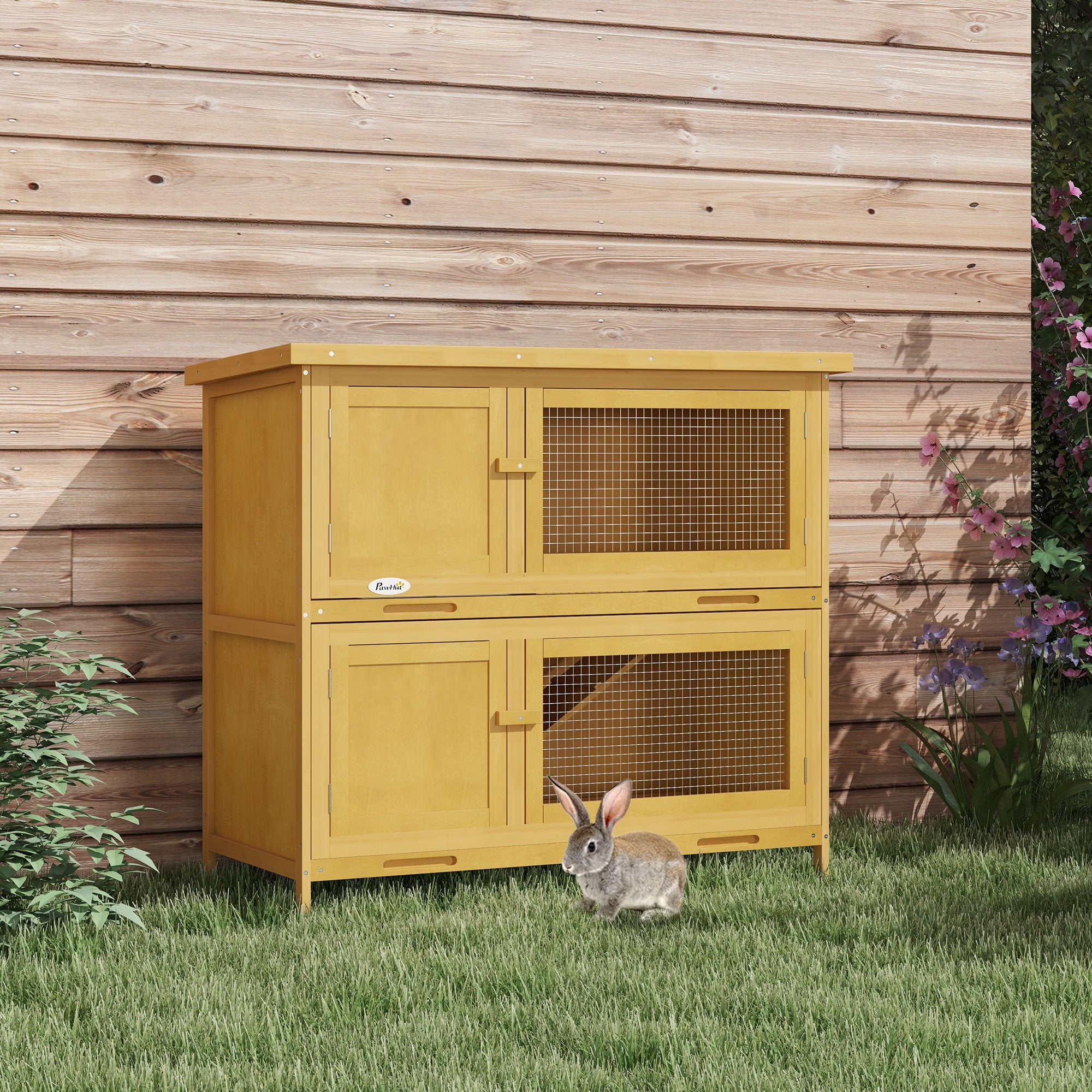 Rabbit Hutch, Wooden 2 Tier Bunny Guinea Pig Cage with Openable Top, Slide-out Tray, Ramp, Asphalt Roof, for 2 Rabbits Outdoor Backyard Use, Yellow