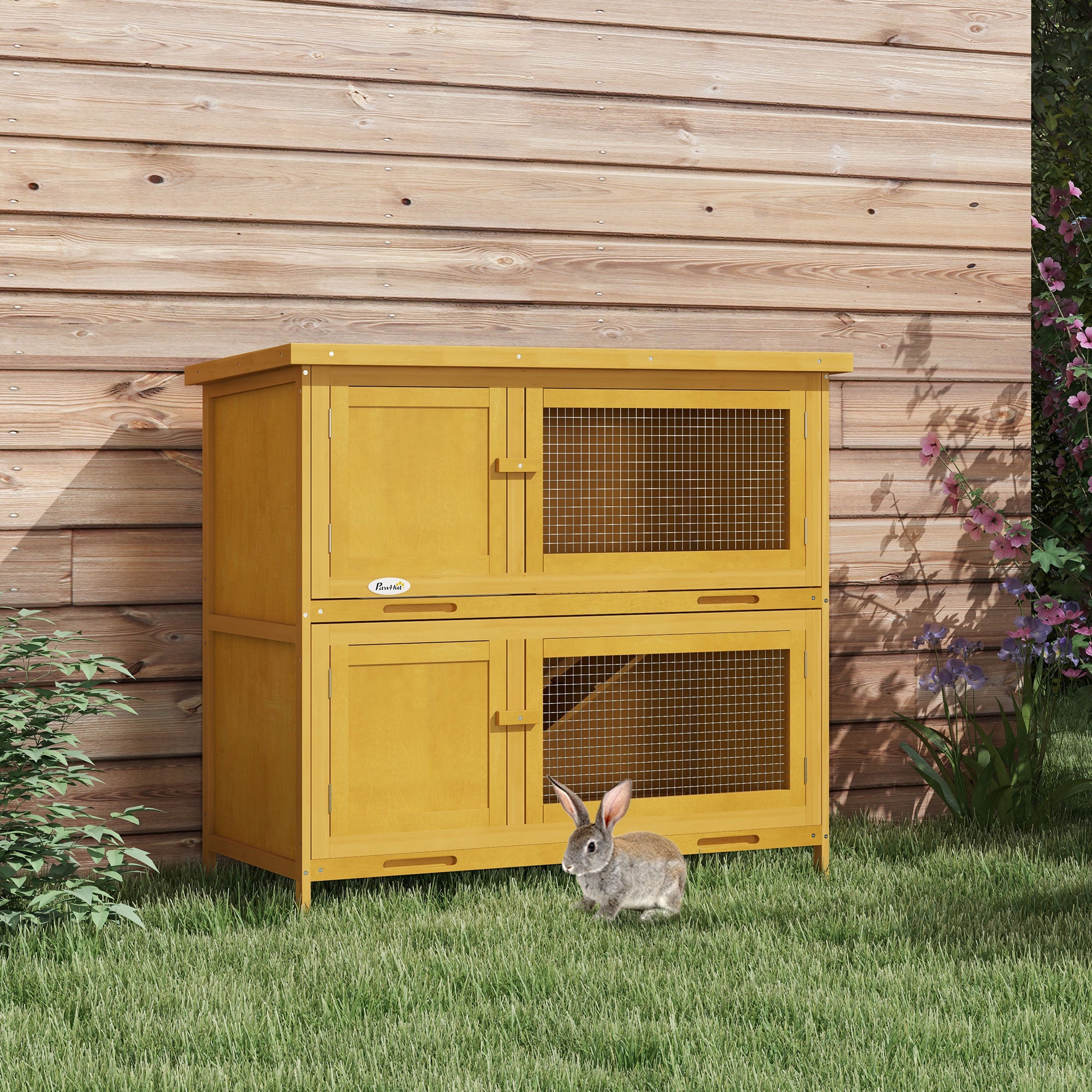 Wooden Bunny Rabbit Hutch, Small Animal Habitat with Ramp, Removable Tray & Weatherproof Roof, for Rabbits, Chickens, Ducks, Indoor/Outdoor, Yellow