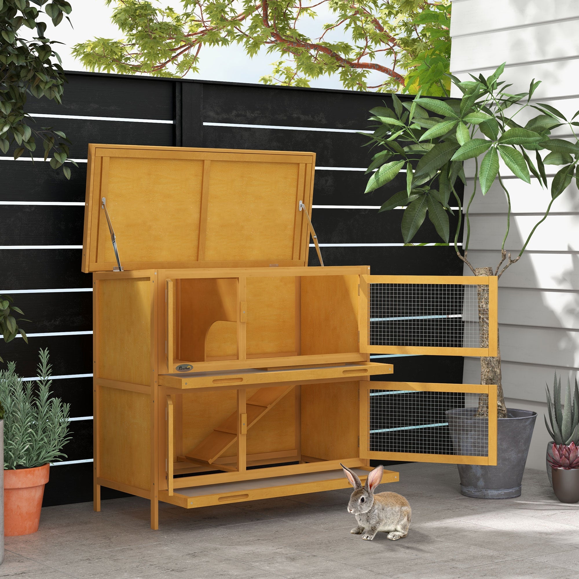 Rabbit Hutch, Wooden 2 Tier Bunny Guinea Pig Cage with Openable Top, Slide-out Tray, Ramp, Asphalt Roof, for 2 Rabbits Outdoor Backyard Use, Yellow