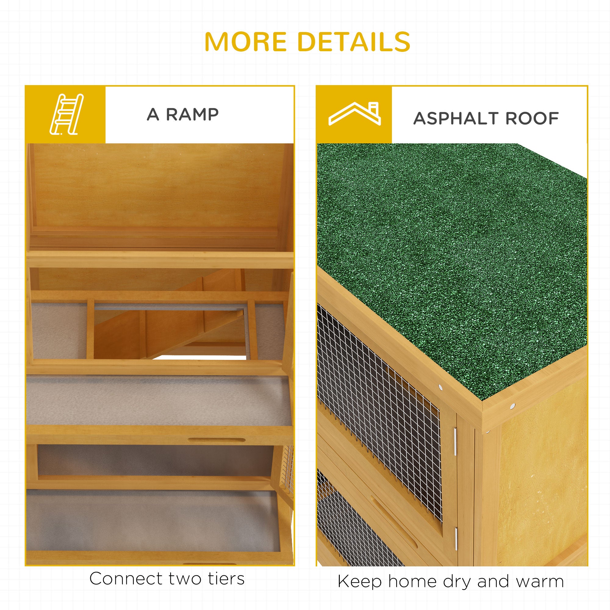 Rabbit Hutch, Wooden 2 Tier Bunny Guinea Pig Cage with Openable Top, Slide-out Tray, Ramp, Asphalt Roof, for 2 Rabbits Outdoor Backyard Use, Yellow