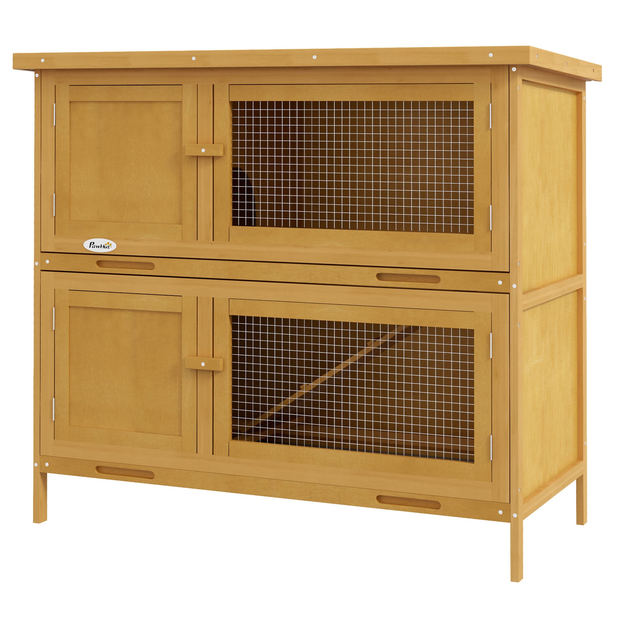 Rabbit Hutch, Wooden 2 Tier Bunny Guinea Pig Cage with Openable Top, Slide-out Tray, Ramp, Asphalt Roof, for 2 Rabbits Outdoor Backyard Use, Yellow