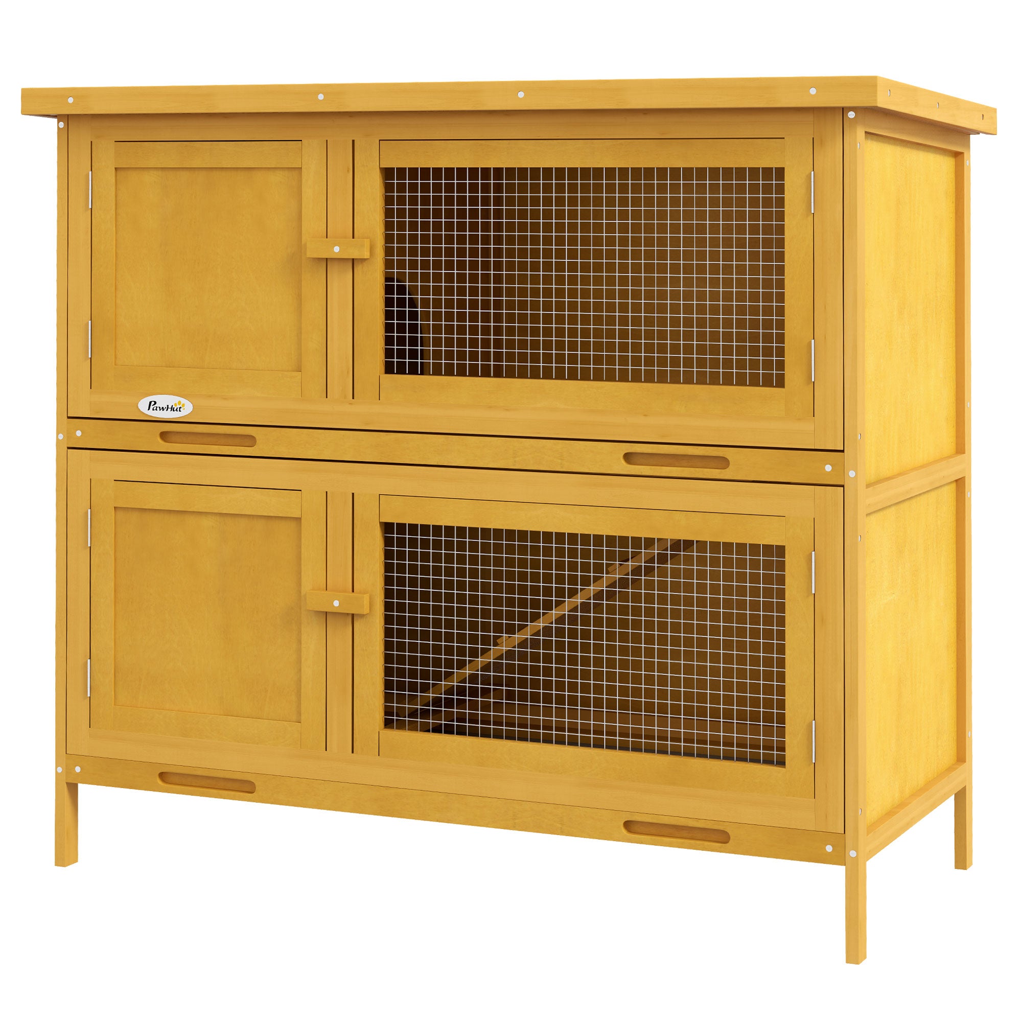 Wooden Bunny Rabbit Hutch, Small Animal Habitat with Ramp, Removable Tray & Weatherproof Roof, for Rabbits, Chickens, Ducks, Indoor/Outdoor, Yellow